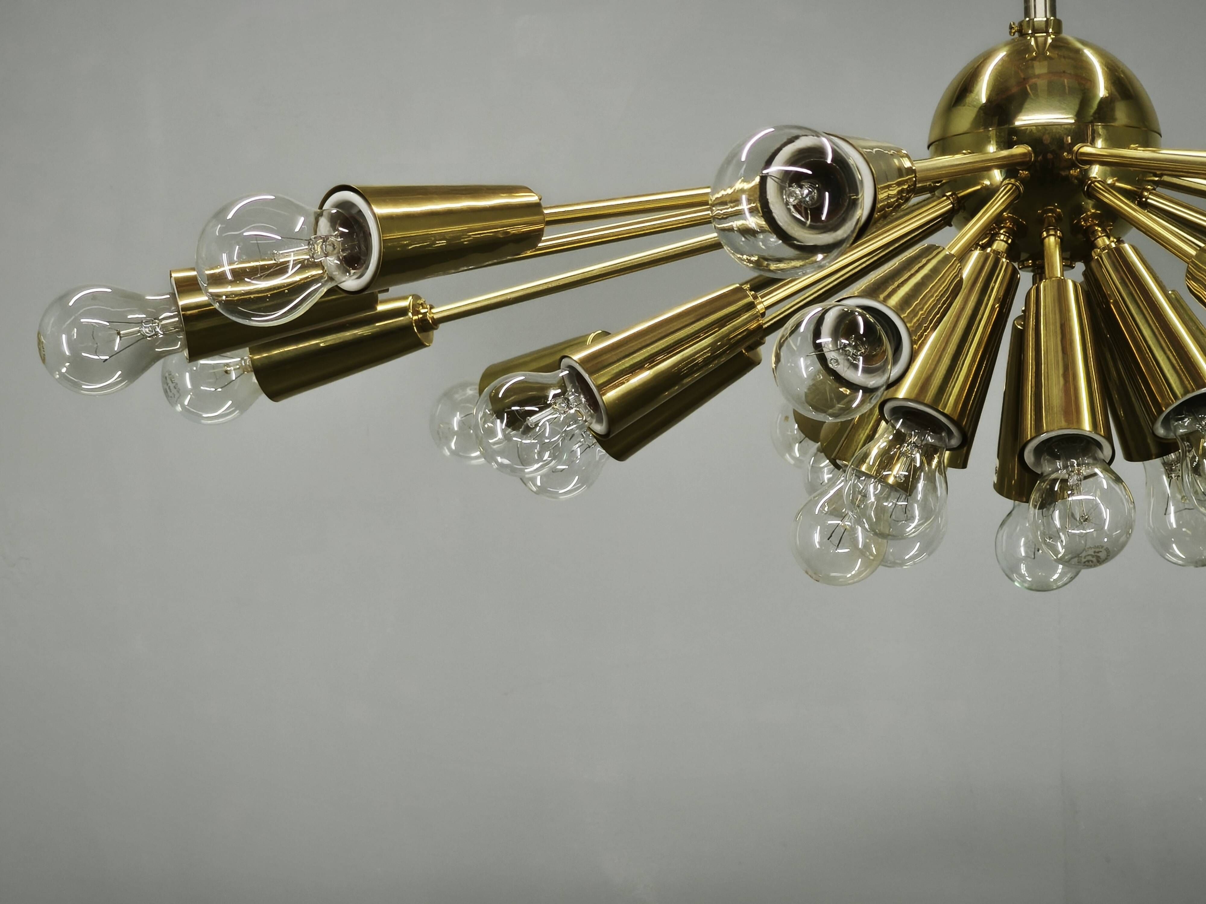 Kamenický Šenov 28-Light Brass Sputnik Chandelier, Czechoslovakia, 1970s