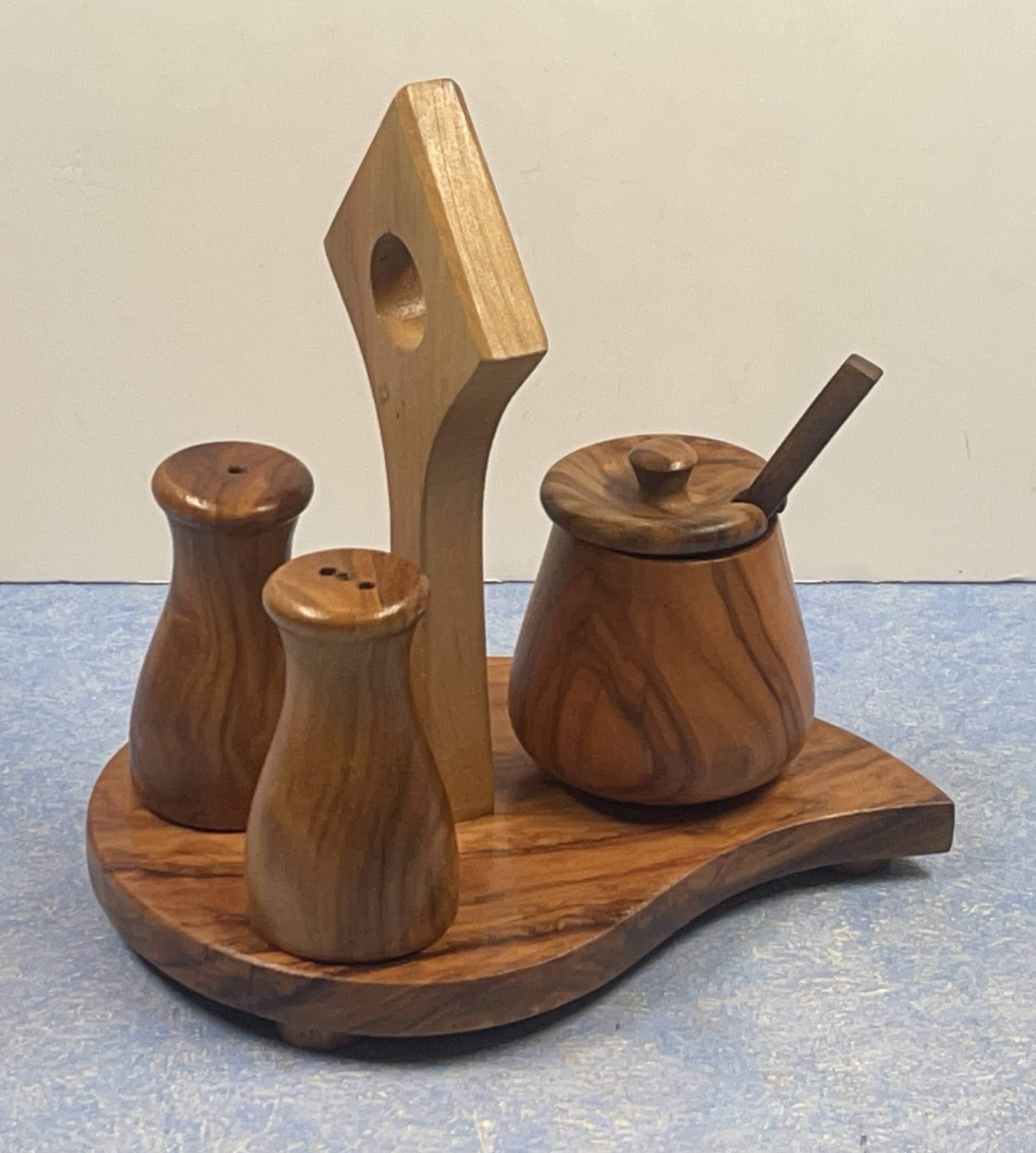elegant table servant for condiment in olive wood, vintage