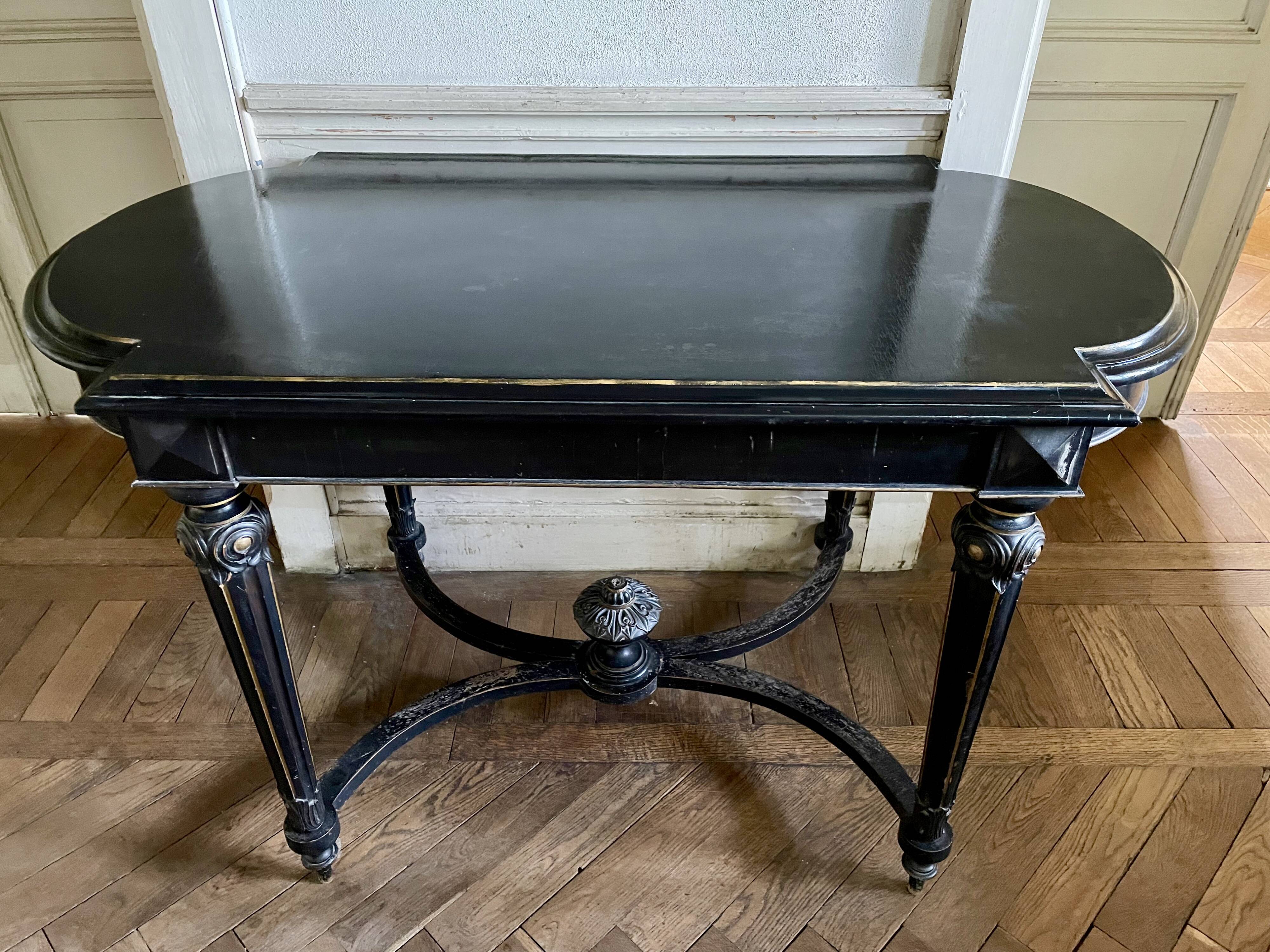 Table Pedestal table Napoleon III XIXth in black and gilded wood