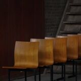 Set of 6 industrial stackable chairs by Niels Larsen, black metal and oak, 1960s.