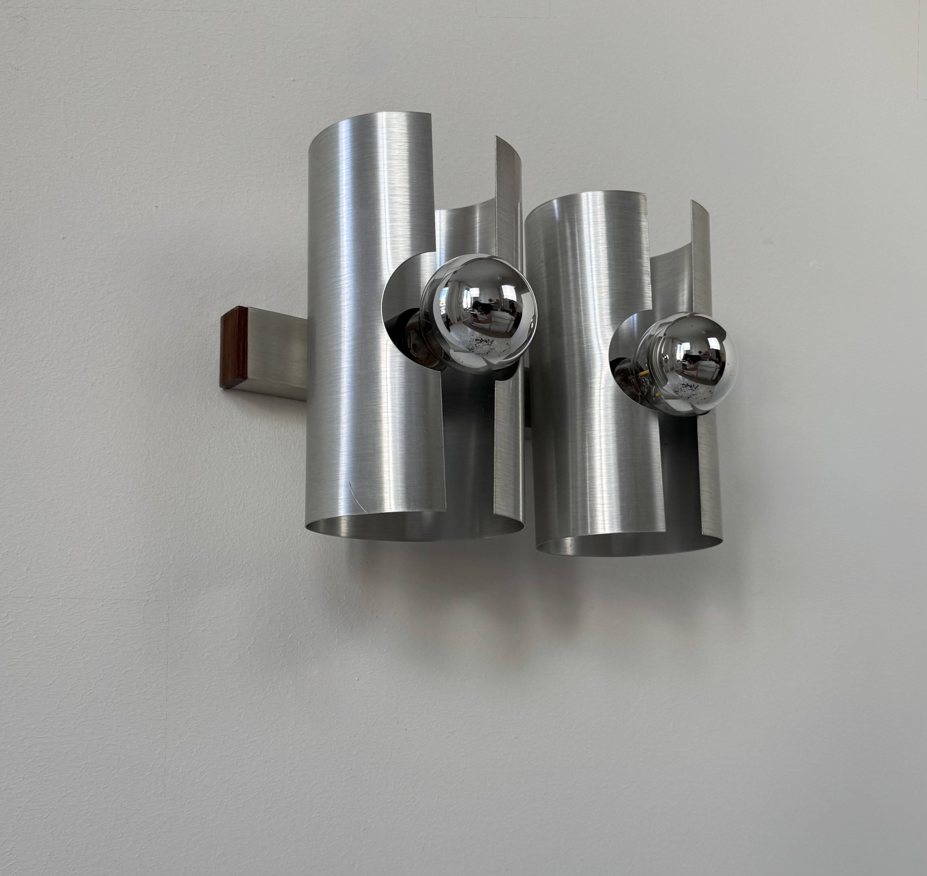Vintage double wall light in brushed metal and rosewood, France, 1970.