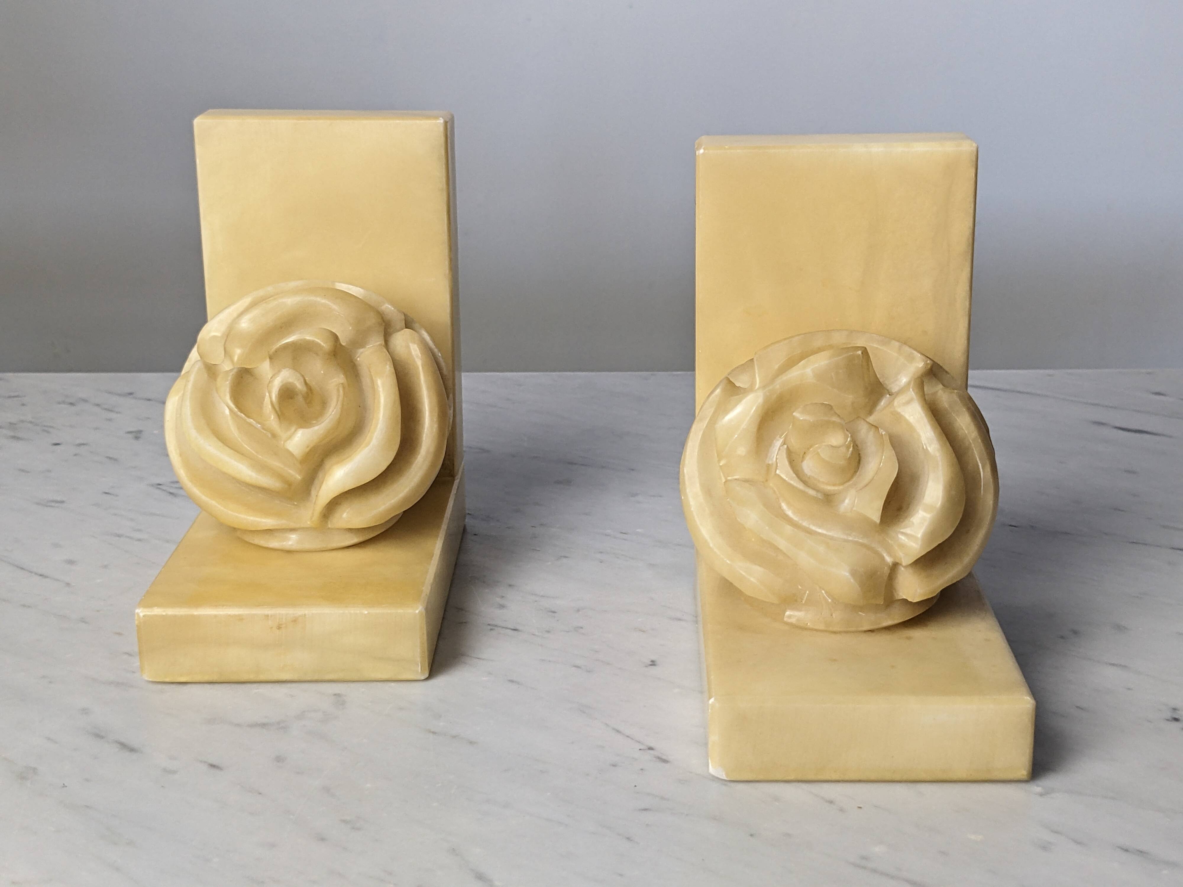 Pair of Neo-Classical Camellia Alabaster Bookends - 1940s