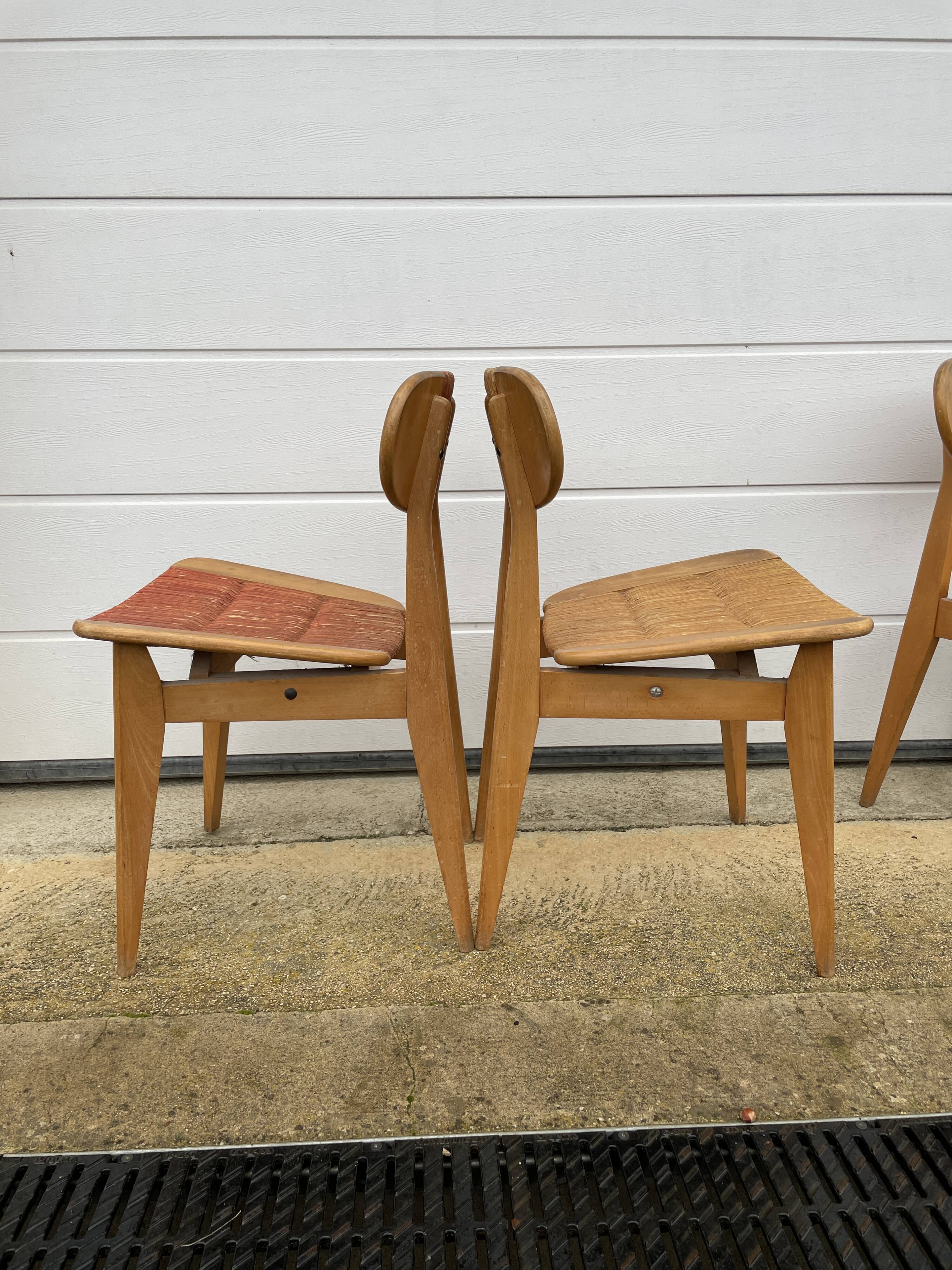 Série de 4 chaises paillées 1950 Roger landault  éditeur robert sentou