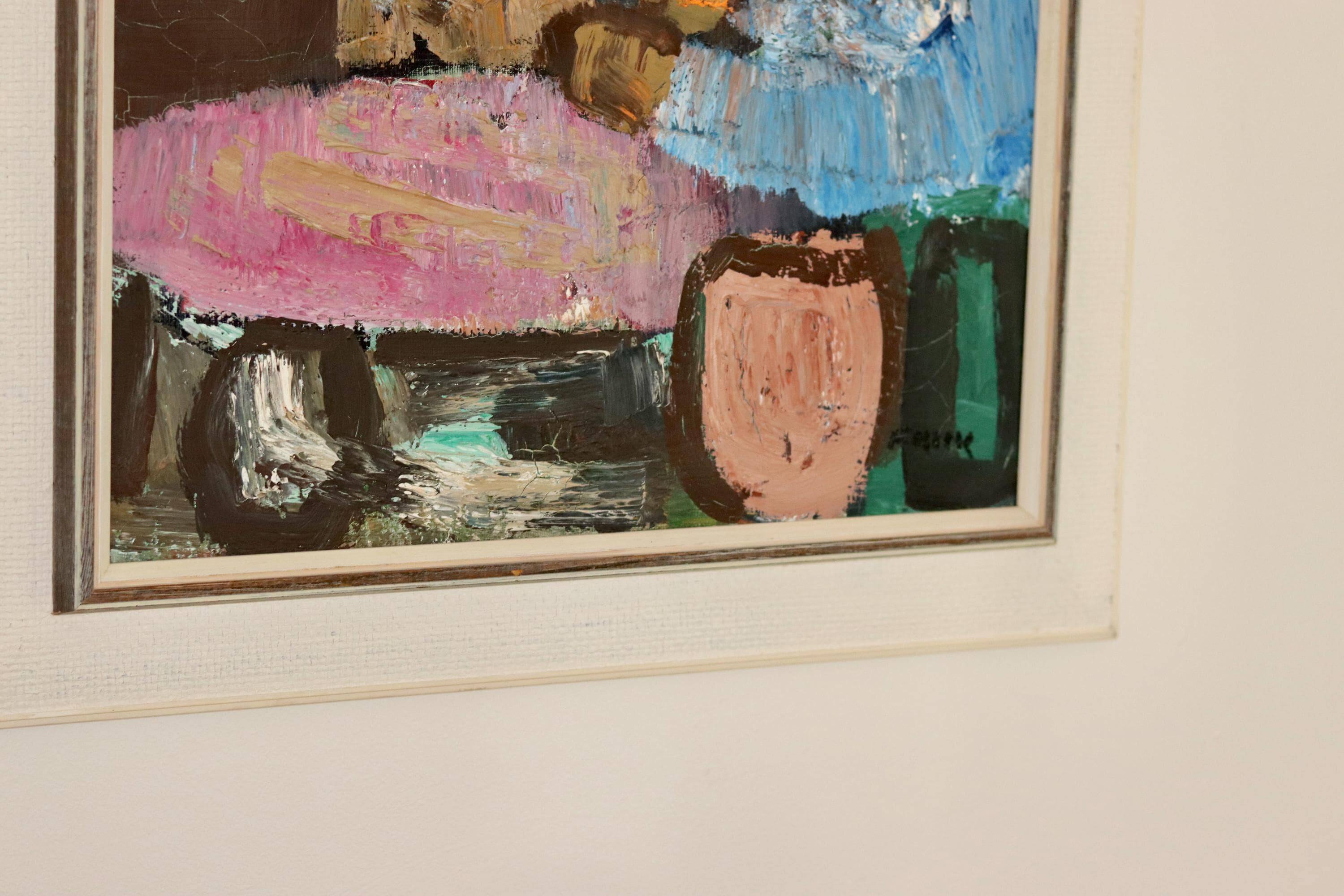 Grande peinture à l'huile moderniste suédoise « Mère et fille » par Gösta Falck vers 1960 - Vintage et encadrée