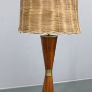 1960s Parker Knoll wooden table lamp with wicker shade, Britain