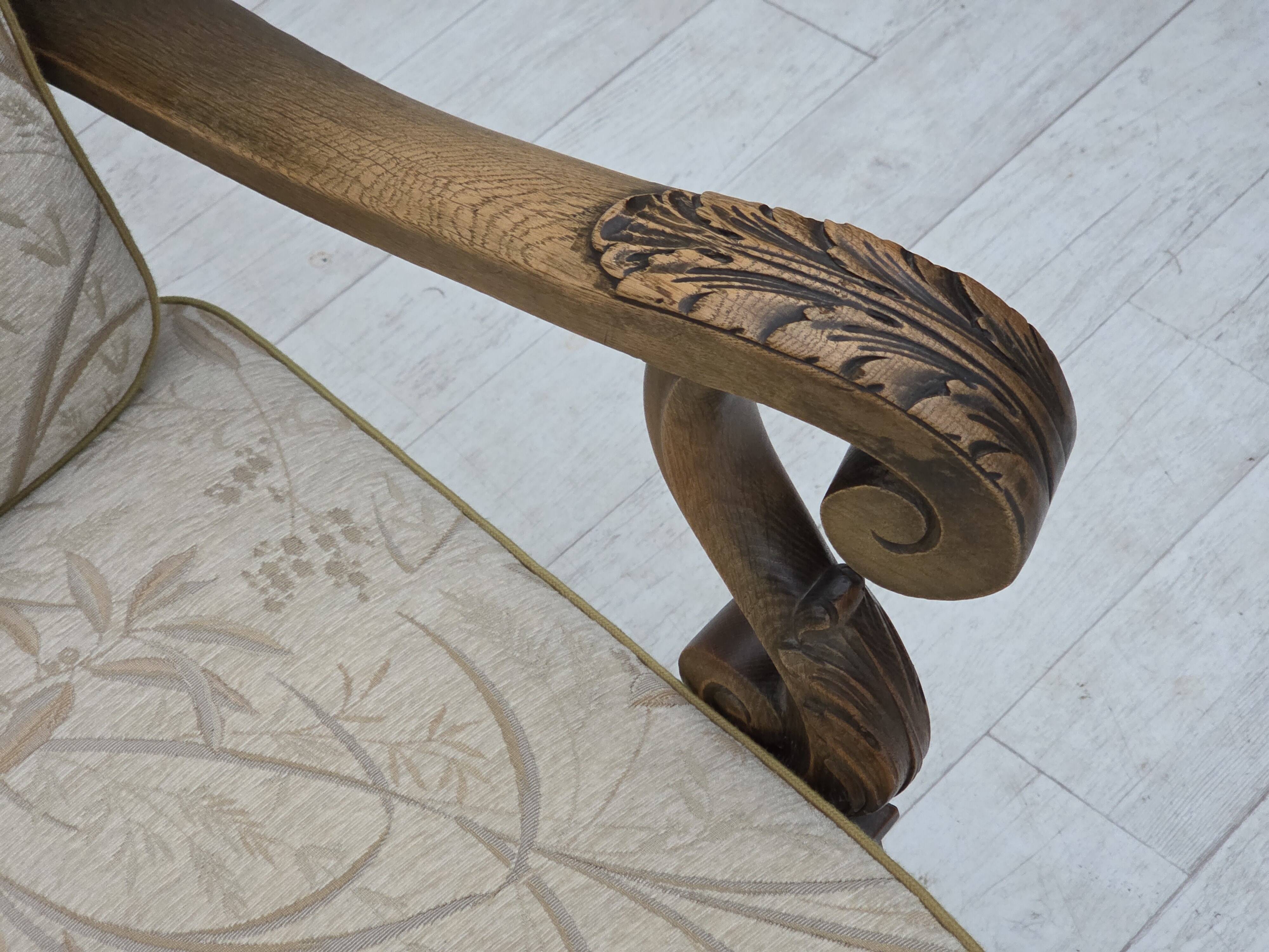 1960s, Danish 3-seater sofa, beige/brown furniture fabric, carved oak wood.