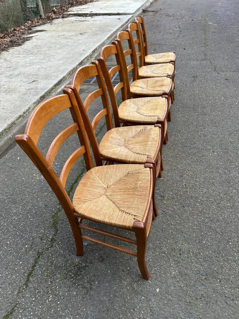 6 solid wood straw-seated Louis Philippe chairs, oak, 20th century.