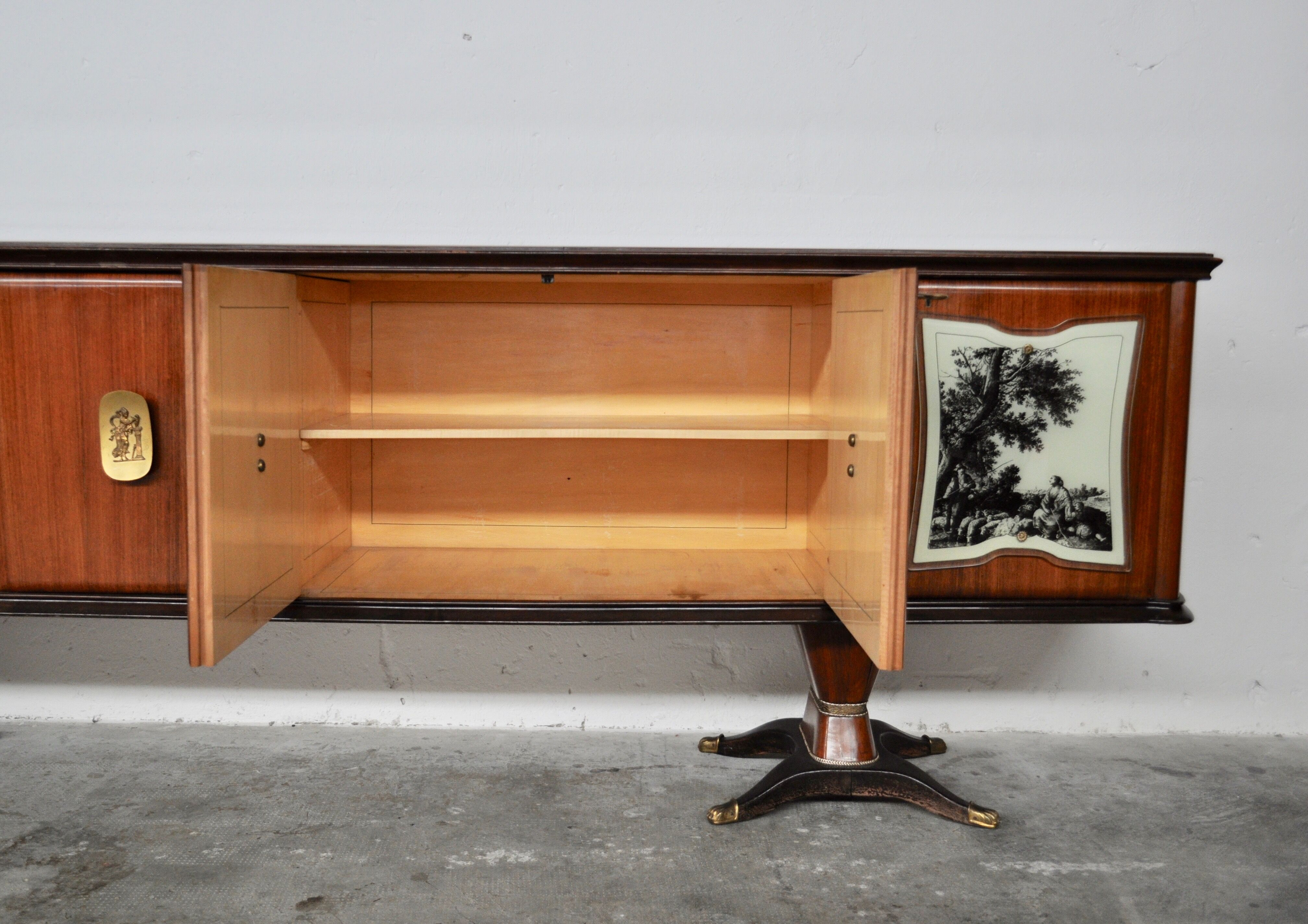 Mahogany, Pearwood, Brass & Marbled Back-Lacquered Glass Top Sideboard with Mirror from F.lli Rigamo