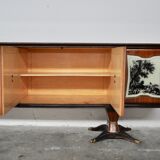 Mahogany, Pearwood, Brass & Marbled Back-Lacquered Glass Top Sideboard with Mirror from F.lli Rigamo