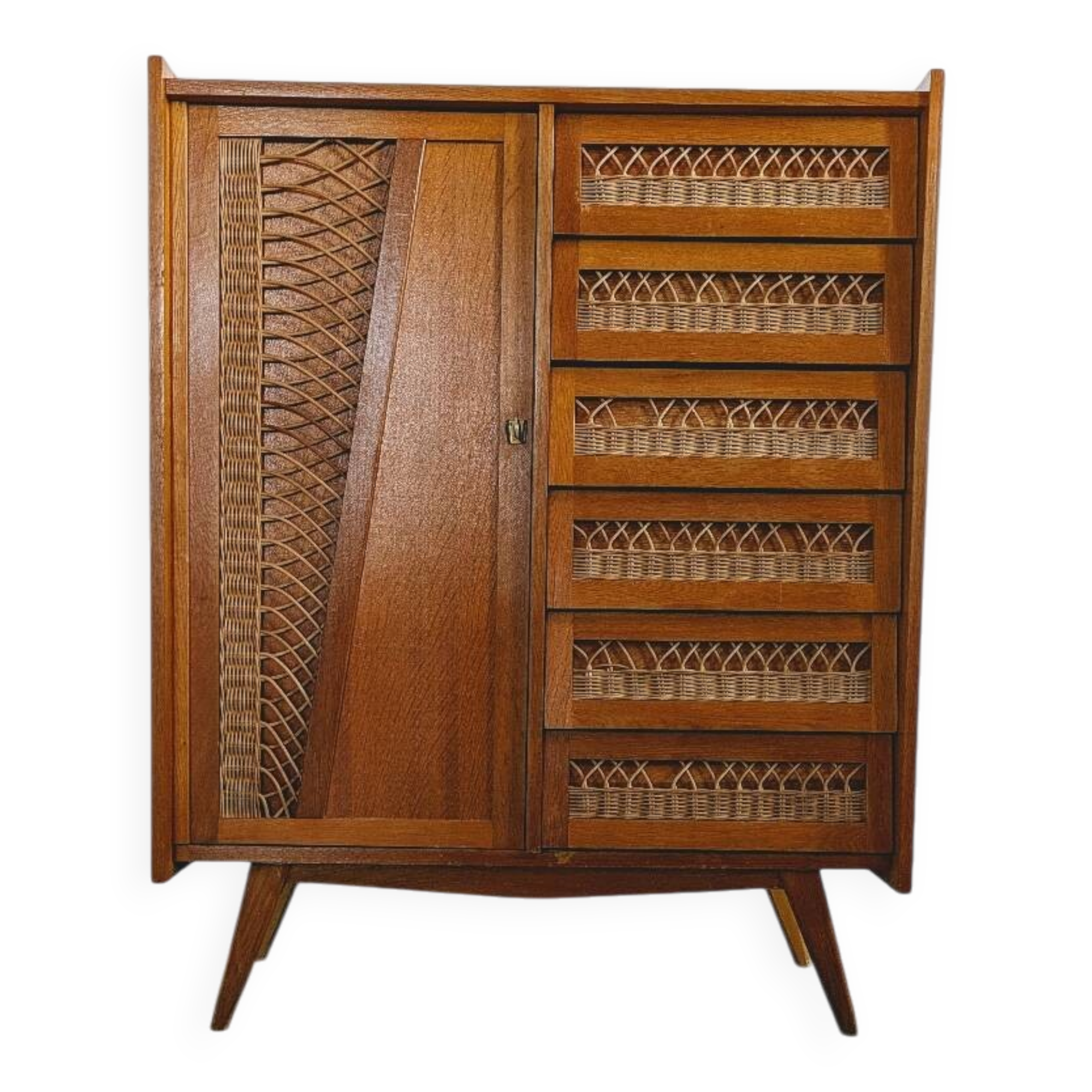 Vintage wooden and wicker chest of drawers