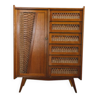 Commode vintage en bois et osier