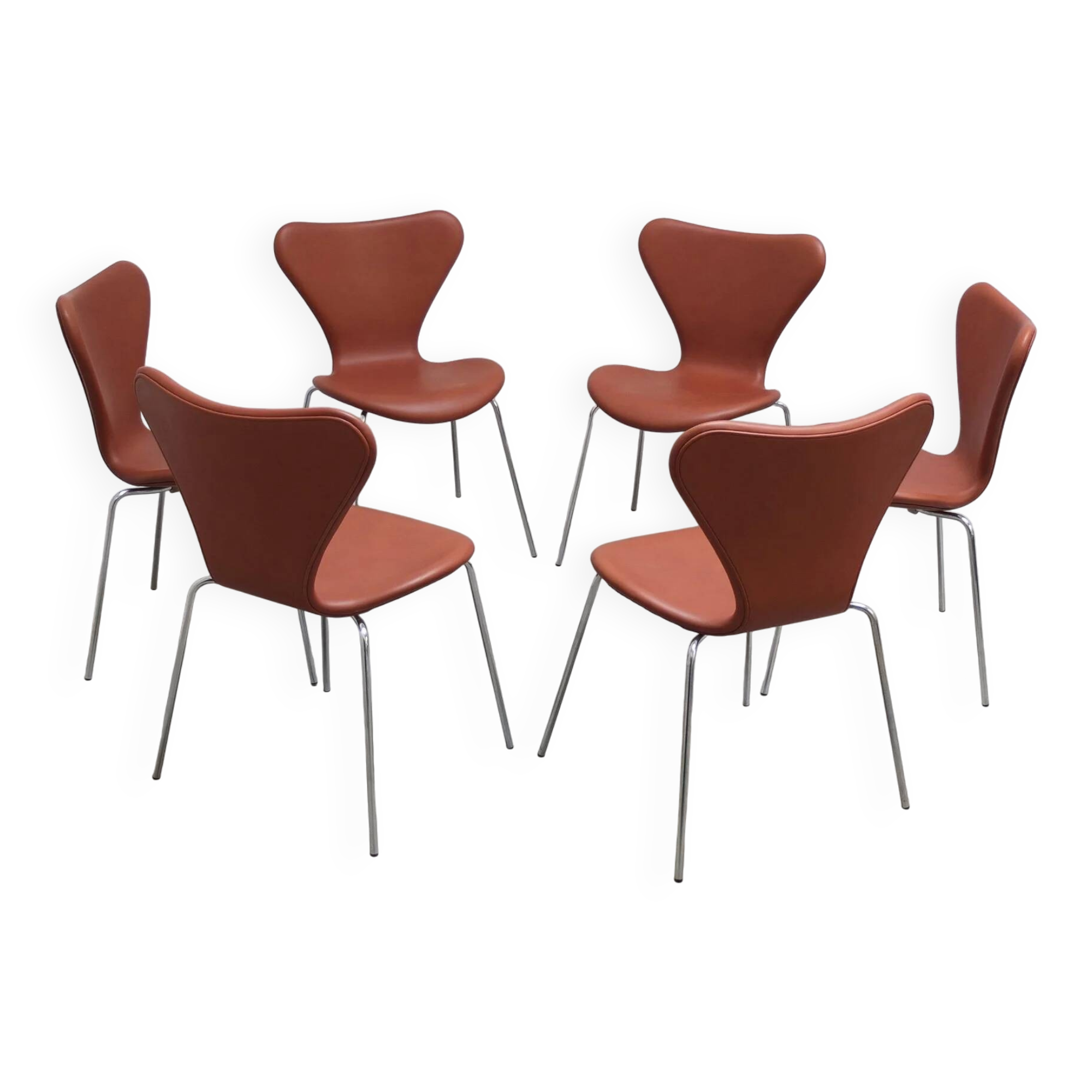 'Series 7' chairs in cognac leather by Arne Jacobsen for Fritz Hansen, 1955