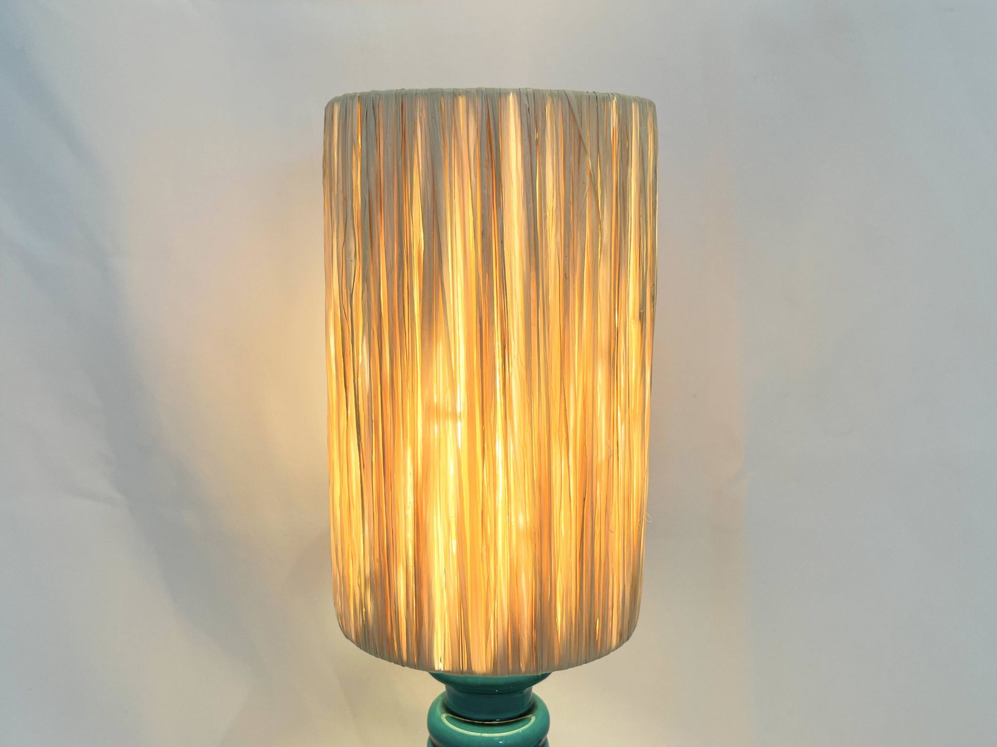 Art Deco green ceramic candle holder lamp base with raffia shade