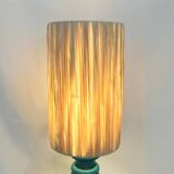Art Deco green ceramic candle holder lamp base with raffia shade
