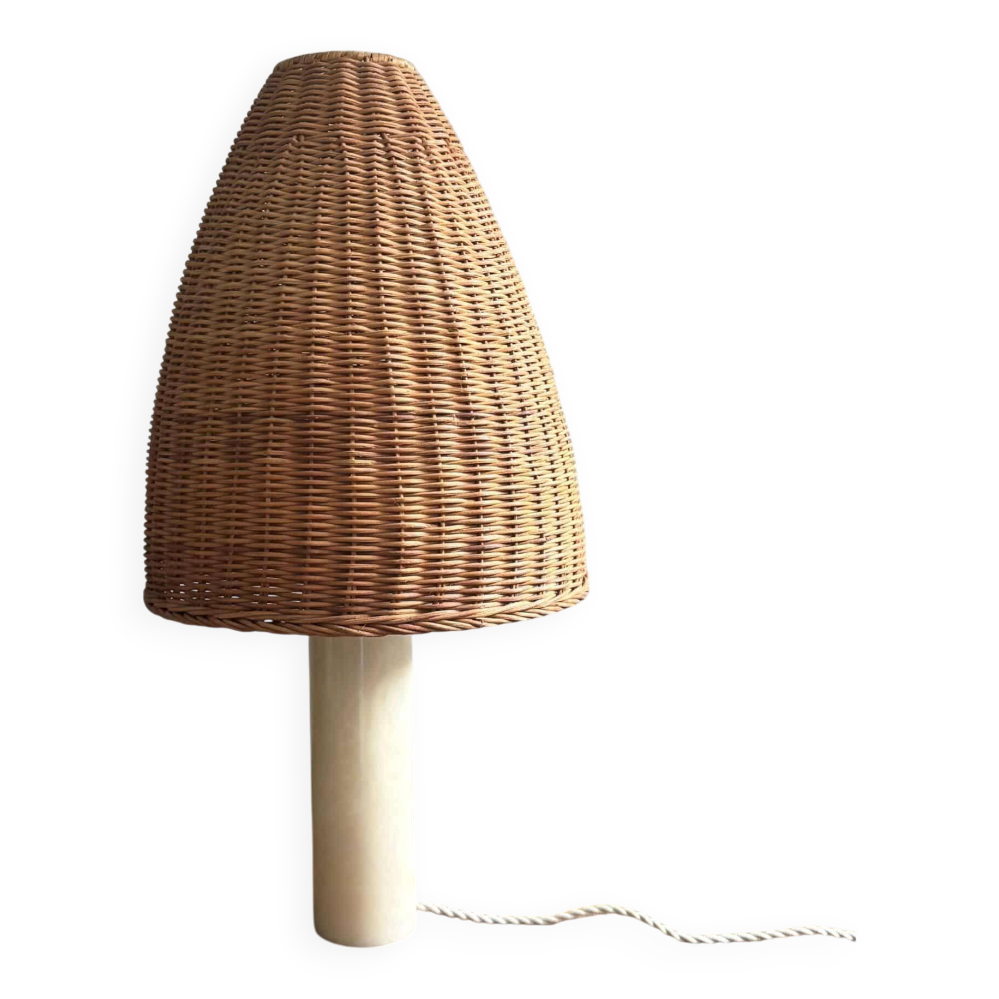 Vintage alabaster table lamp, soft yellow/cream, wicker shade