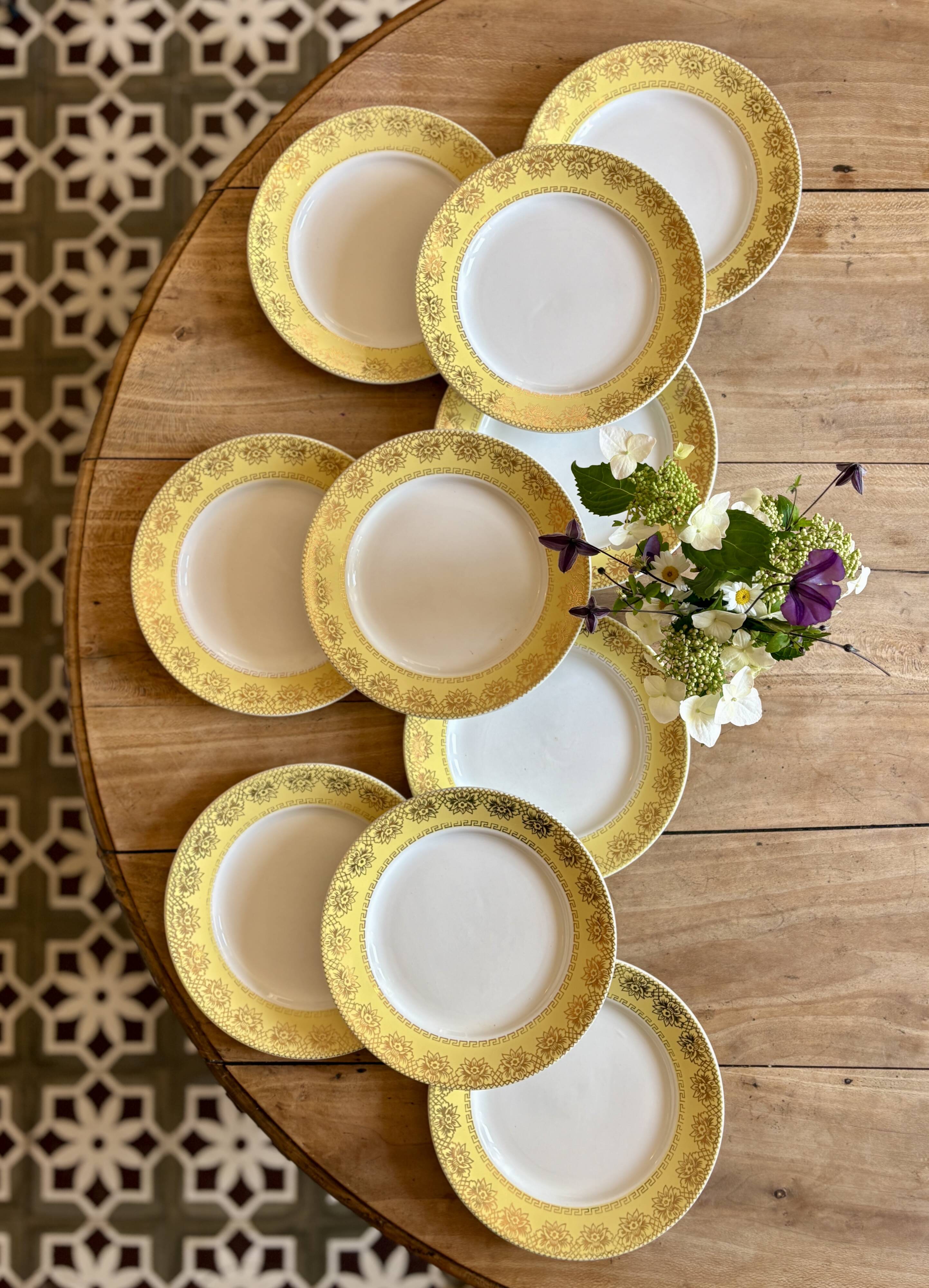 Set of 10 vintage white, yellow and gold dinner plates