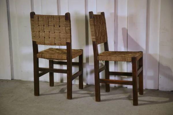 Pair of Brutalist chairs with braided rope seats, 1950s