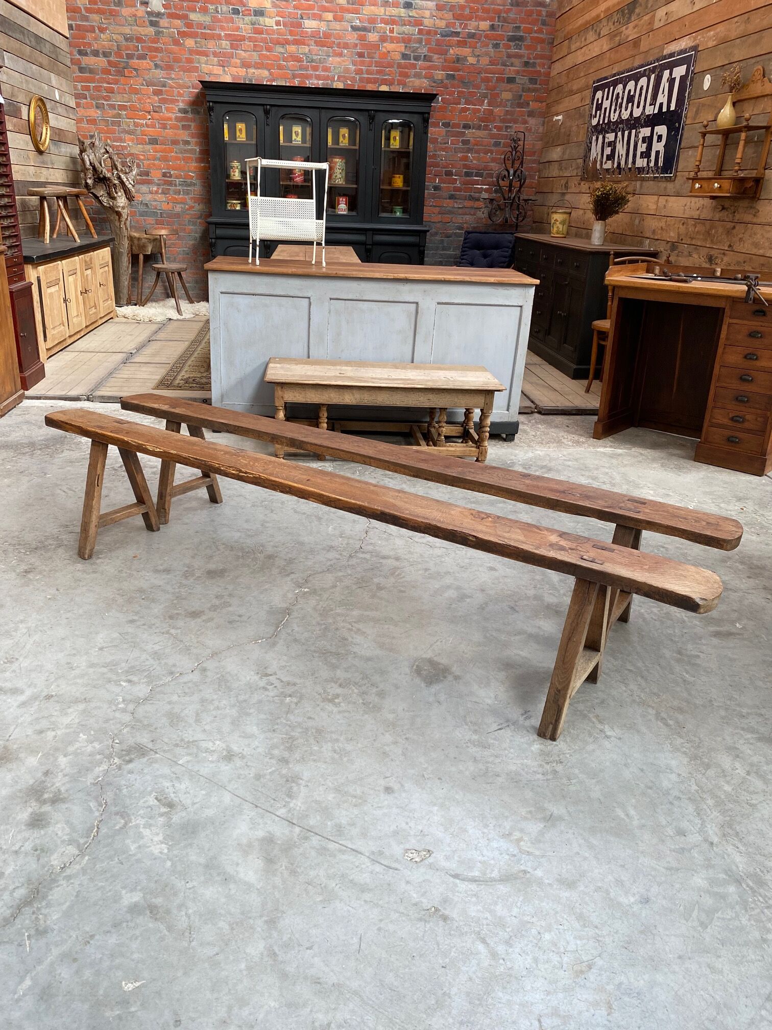Pair of oak farm benches