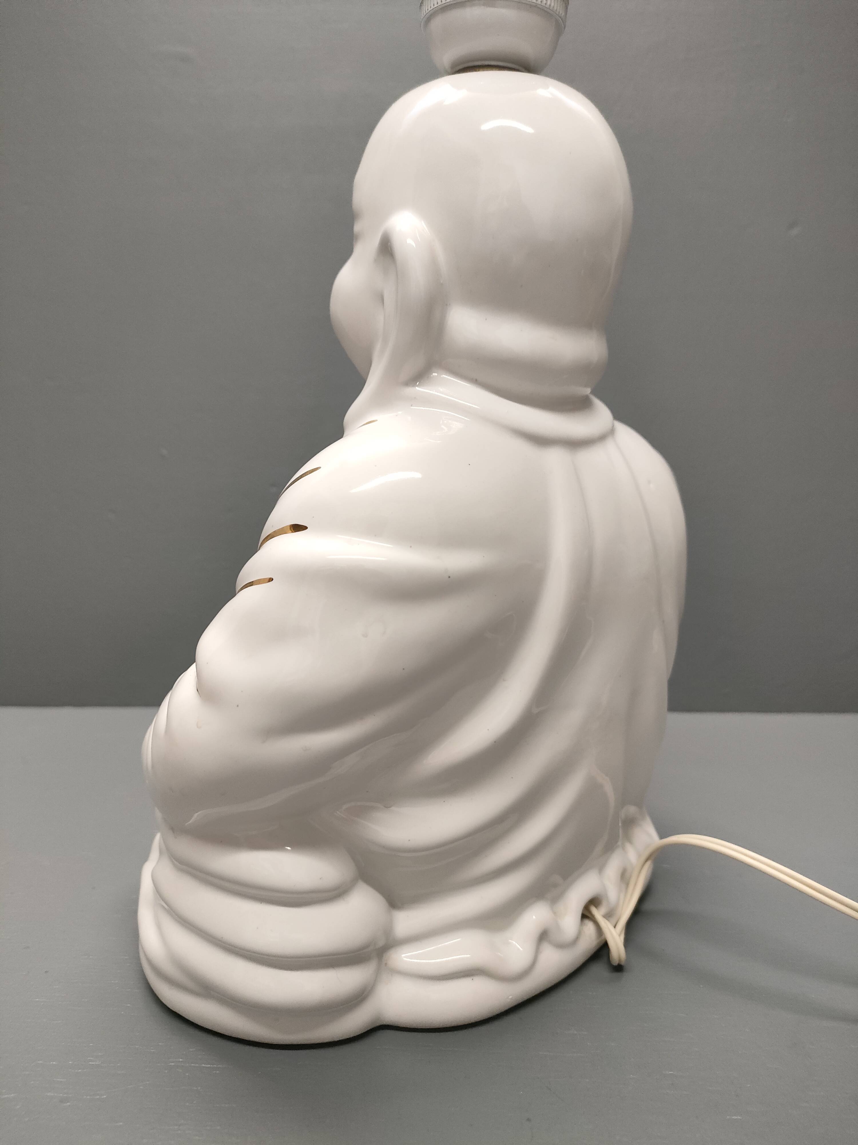 Seated Buddha lamp base ~ glazed and gold white ceramic ~ 80s