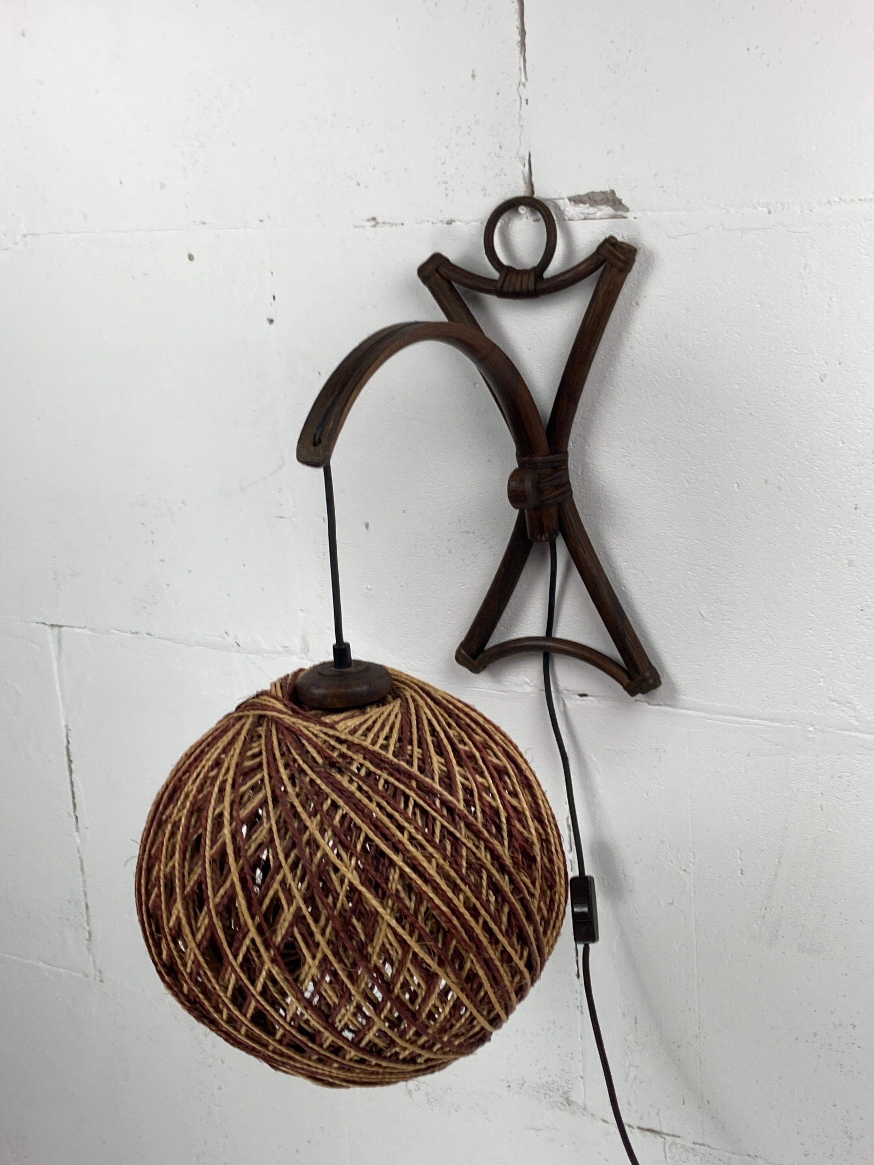 Rattan bamboo and rope sisal wall lamp, Dutch 1960s