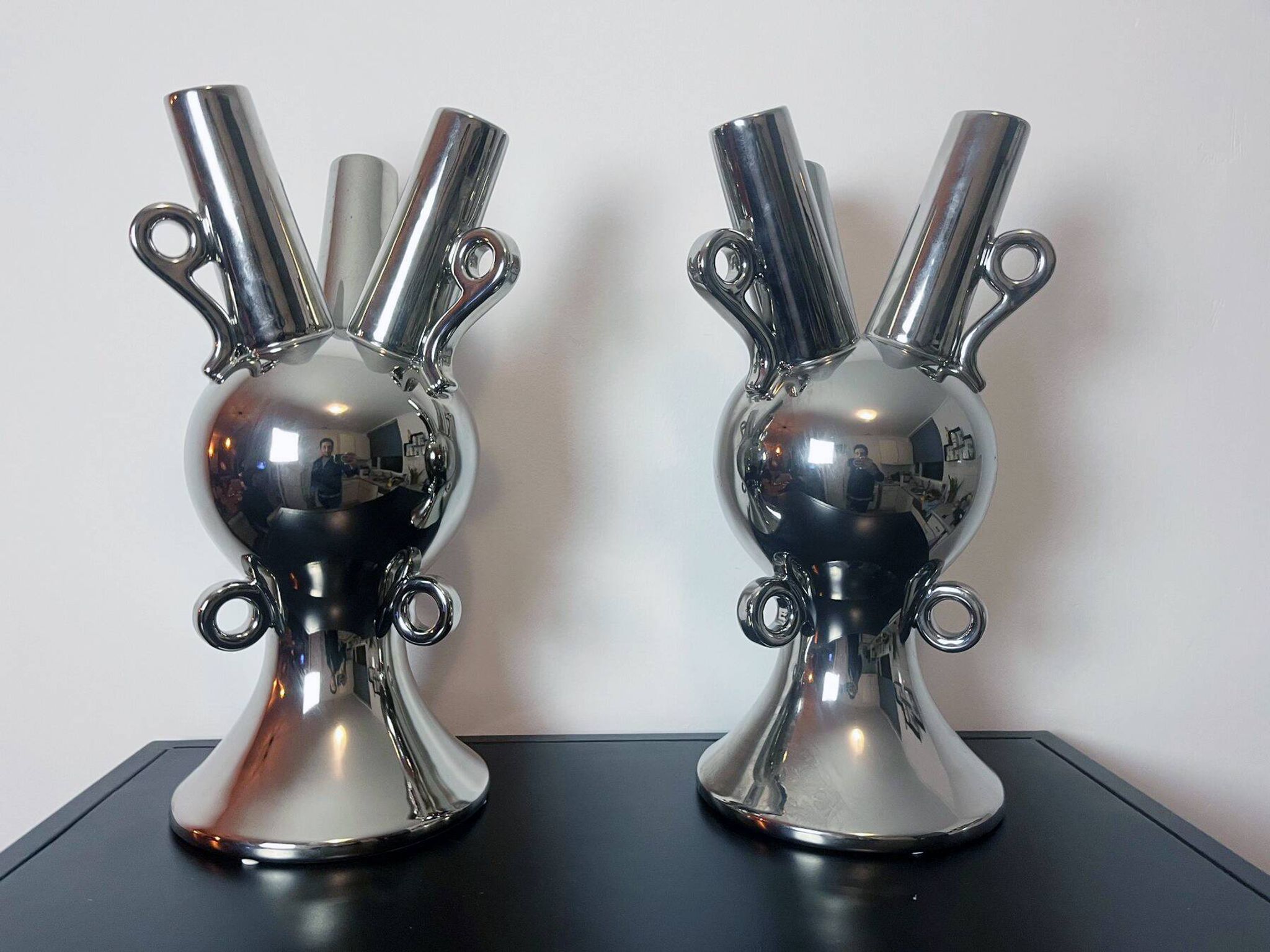 2 Grands Vases Vintage • Céramique Chromée • XXL • 1990