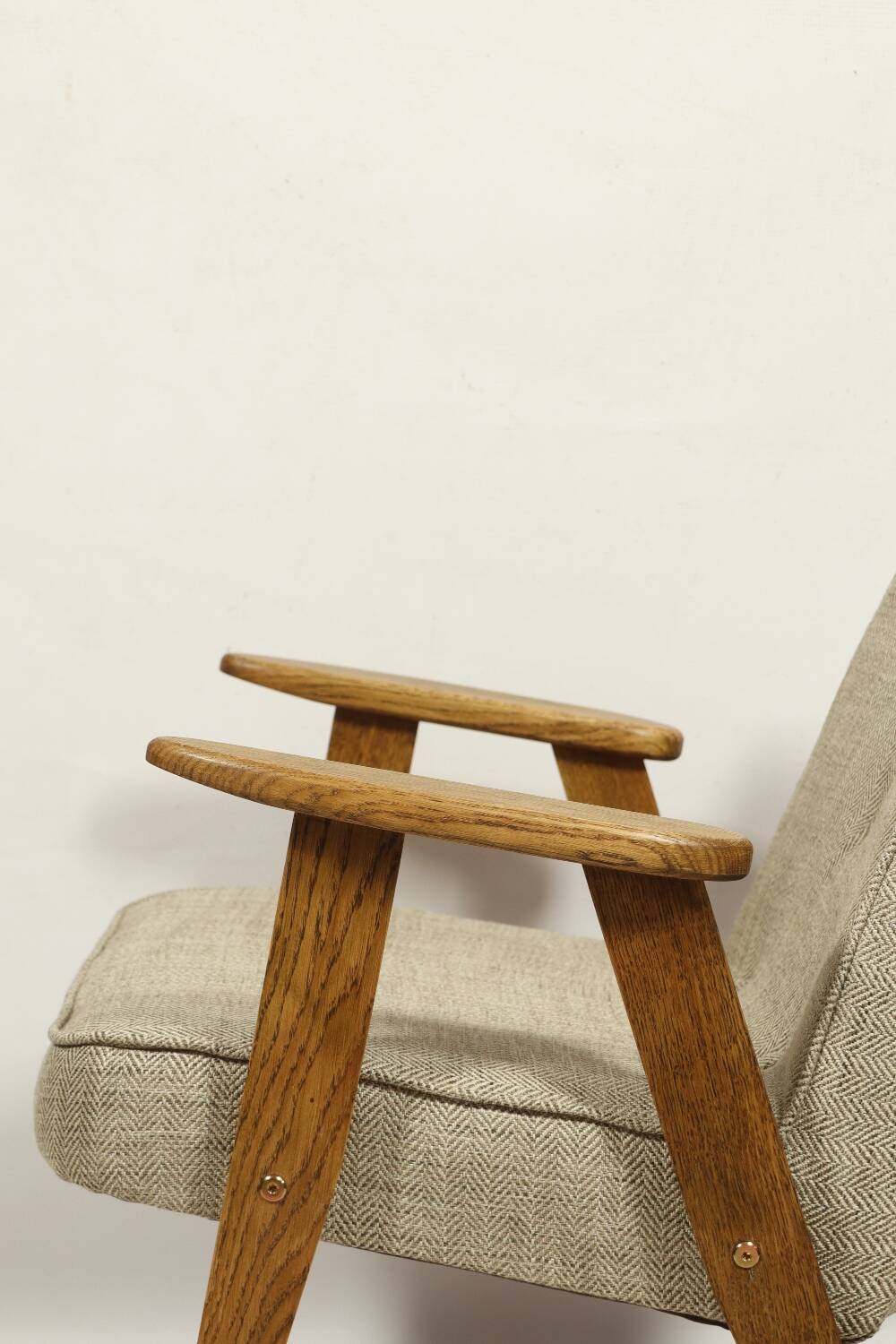 Vintage armchair in natural rustic oak wood herringbone fabric modern design by Chierovsky