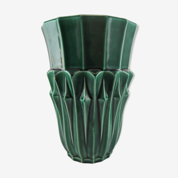 Vase faïence verte art deco signé p-l céramique émaillée poët-laval france v 35