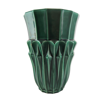 Vase green earthenware art deco signed p-l glazed ceramic poët-laval france v 35