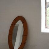 Large oval wall mirror in solid pine by Glasmäster Markaryd, Sweden, 1960s.