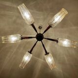 Large Scandinavian pendant light from the 60s, wood, glass, chrome