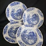 Set of 4 Pyroblan porcelain plates with vintage blue and white decor