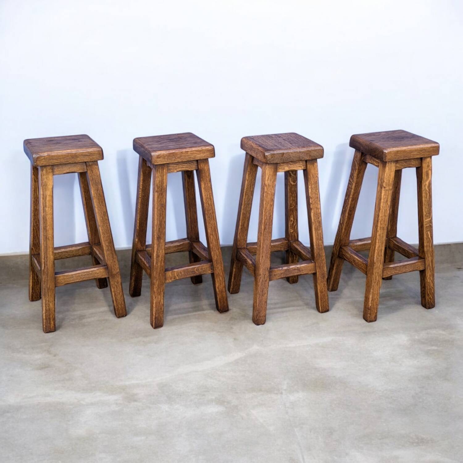 4 Bar Stools, Brutalist Solid Wood Vintage