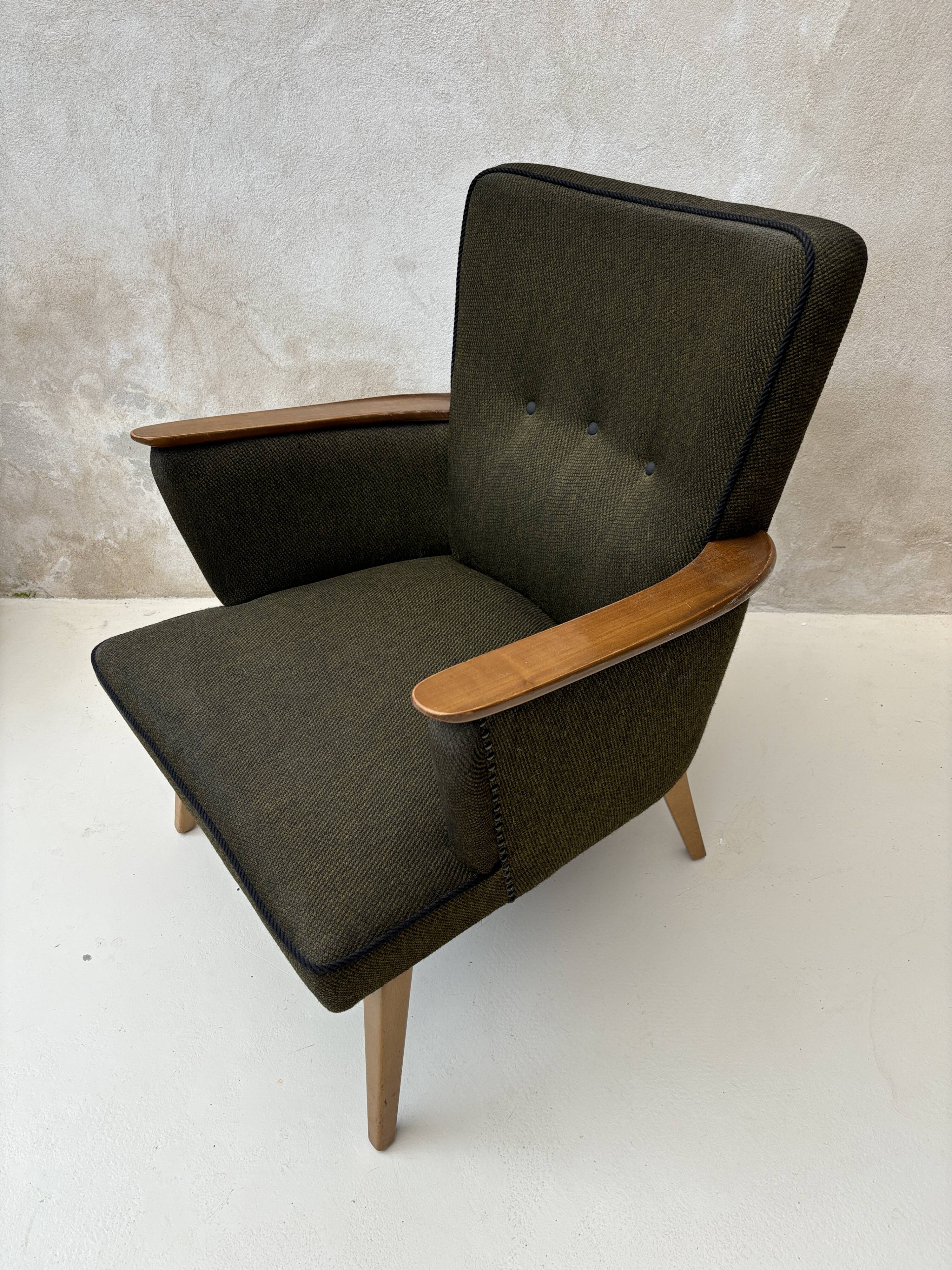 Pair of vintage wooden and fabric armchairs from the 1960s.