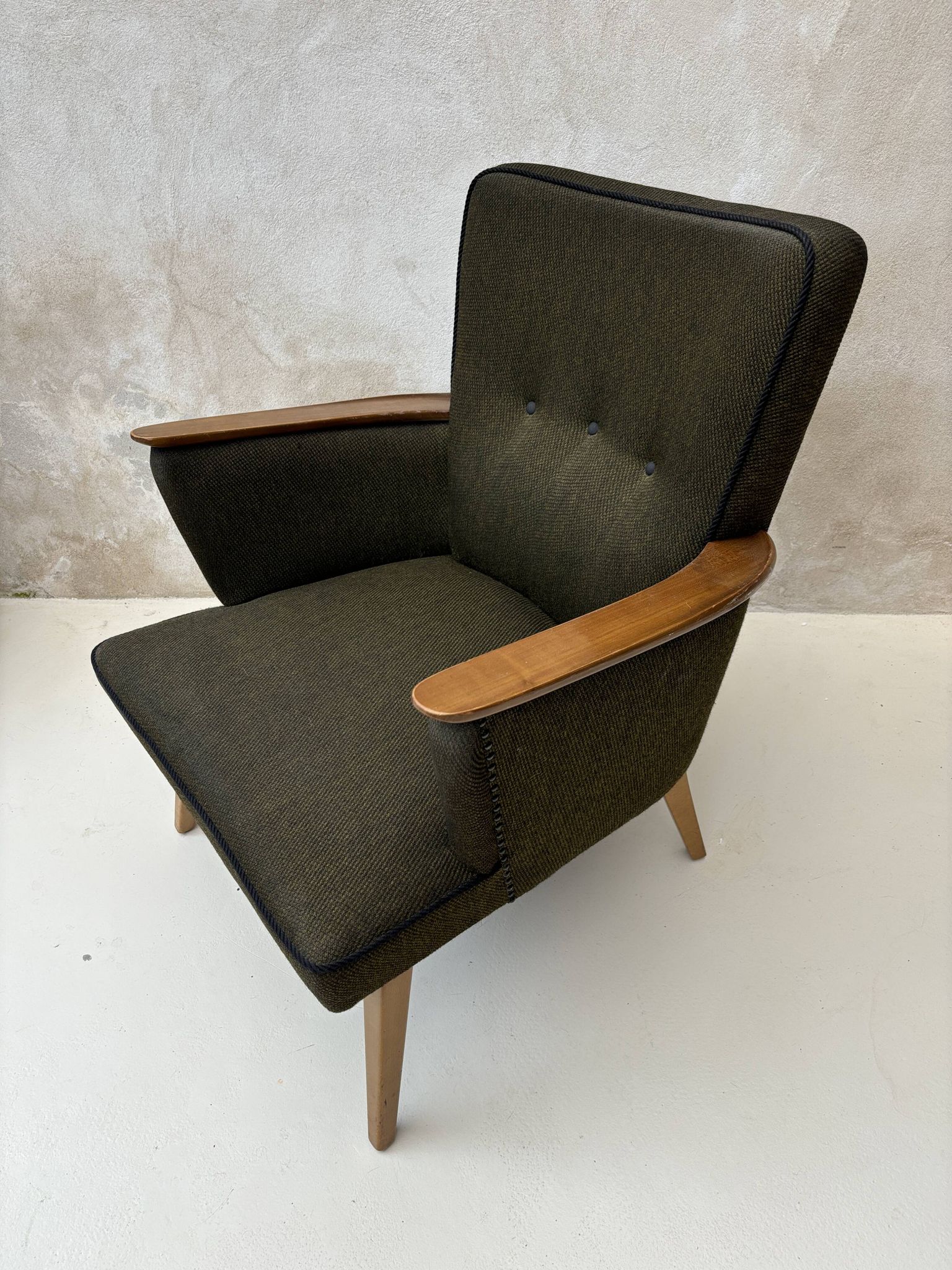 Pair of vintage wooden and fabric armchairs from the 1960s.