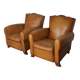 Pair of French Cognac Moustache Back Leather Club Chairs, 1950s