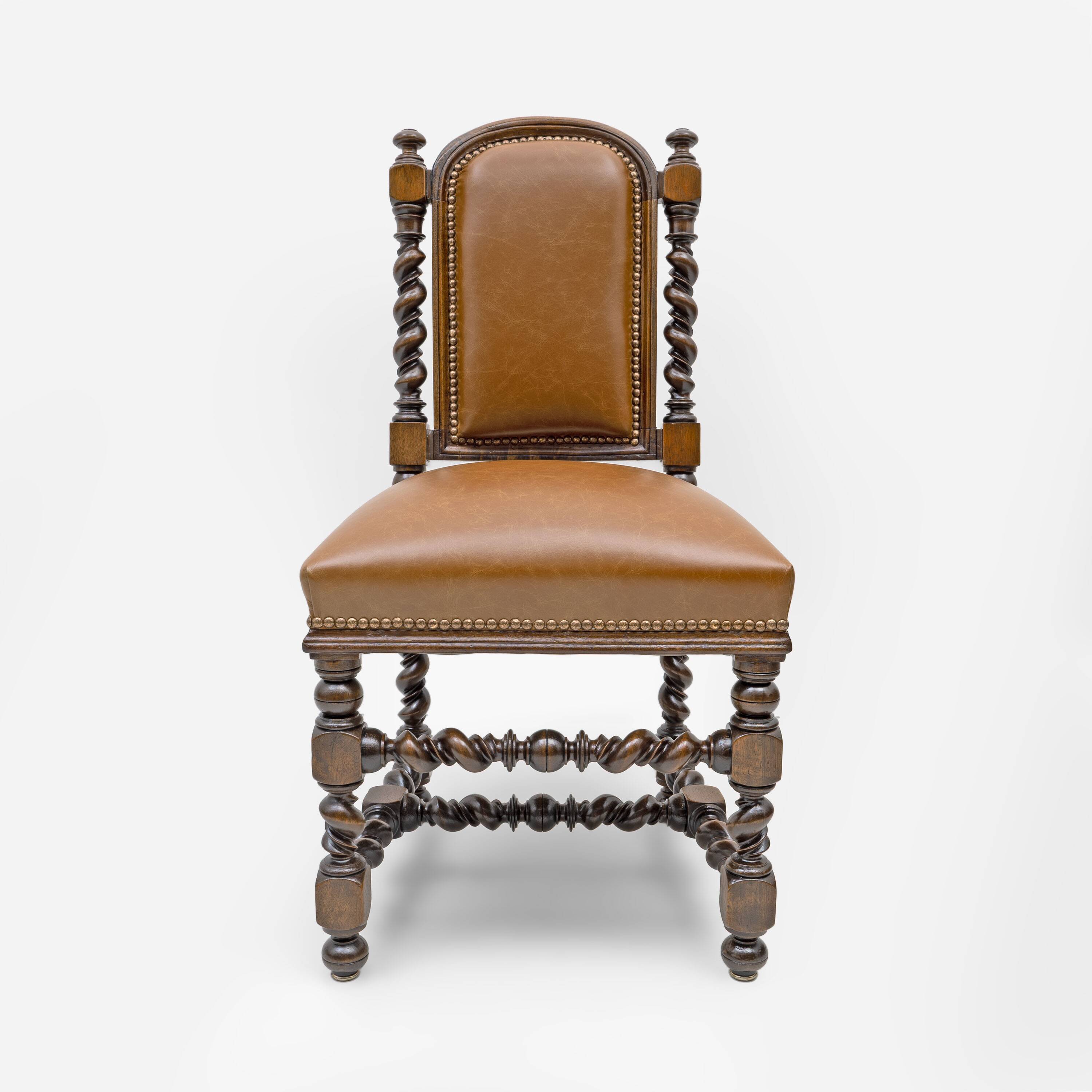 Six Antique Italian Neo-Renaissance Walnut Dining Chairs in Genuine Leather