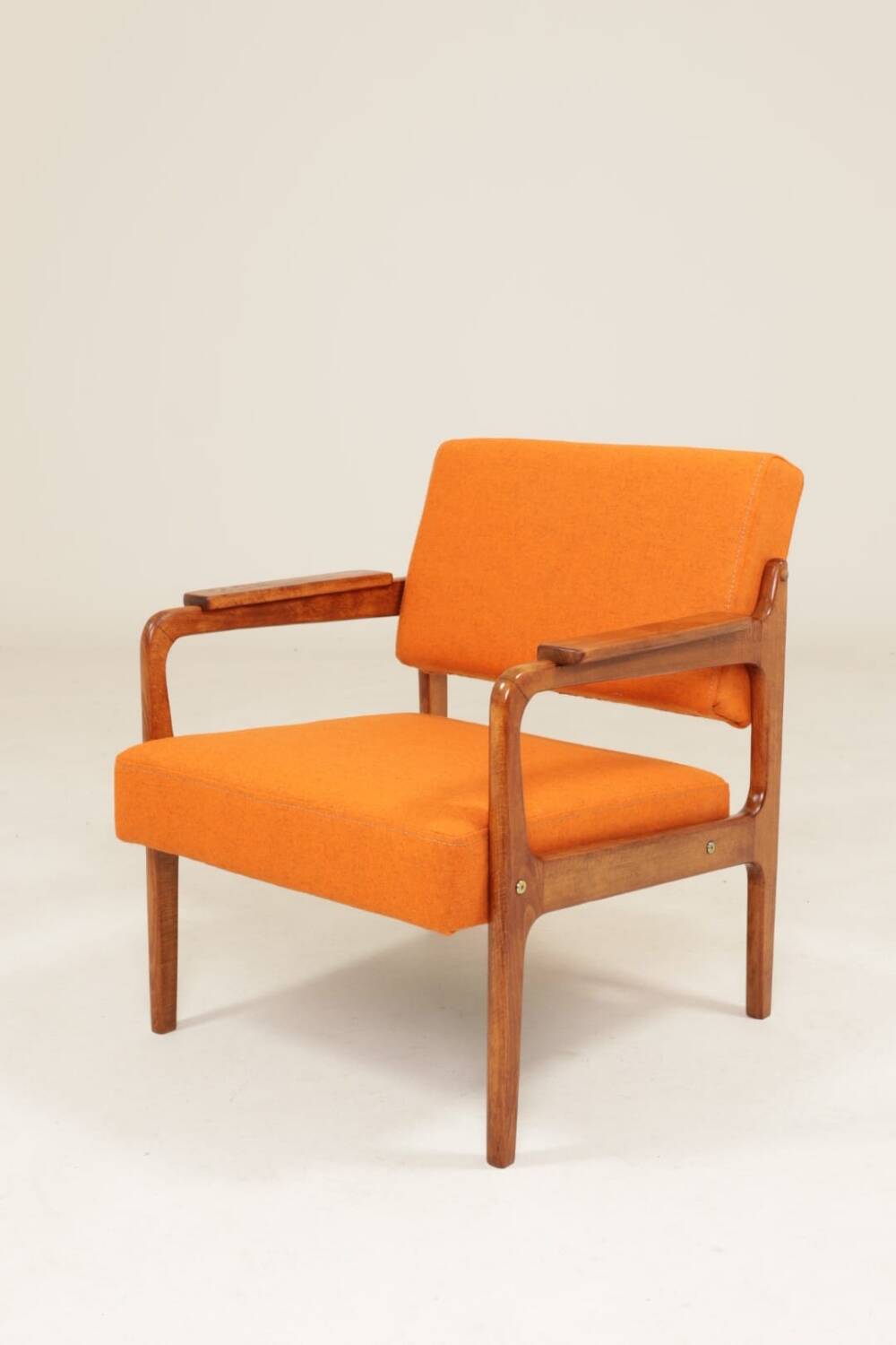 Vintage Orange Armchair Wool Upholstery Walnut Color Wood