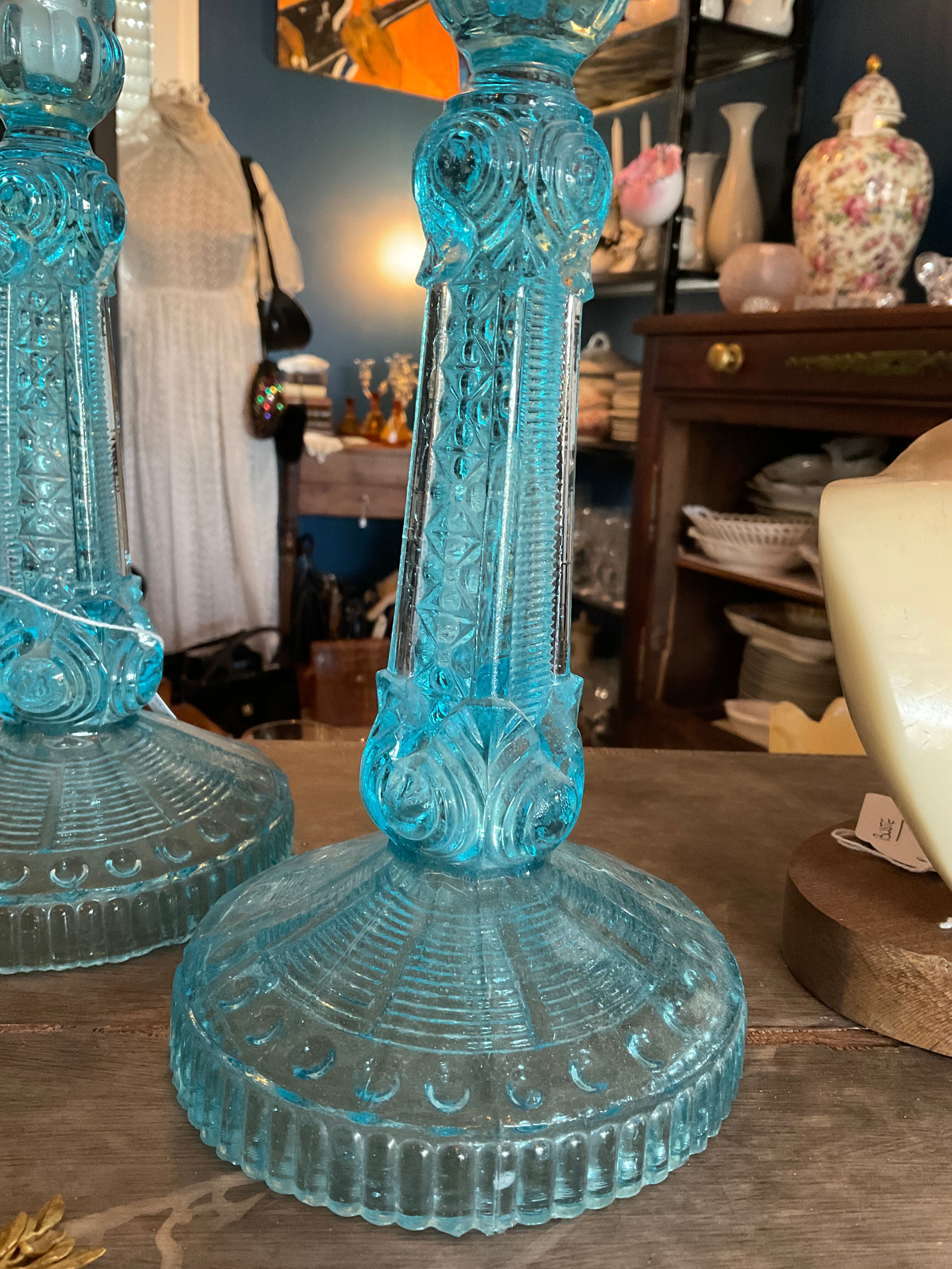 Pair blue glass candle holders.type Art Deco