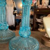Pair blue glass candle holders.type Art Deco