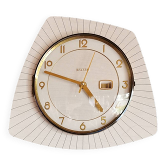 Vintage formica clock silent asymmetrical wall pendulum "Bayard wood lines"
