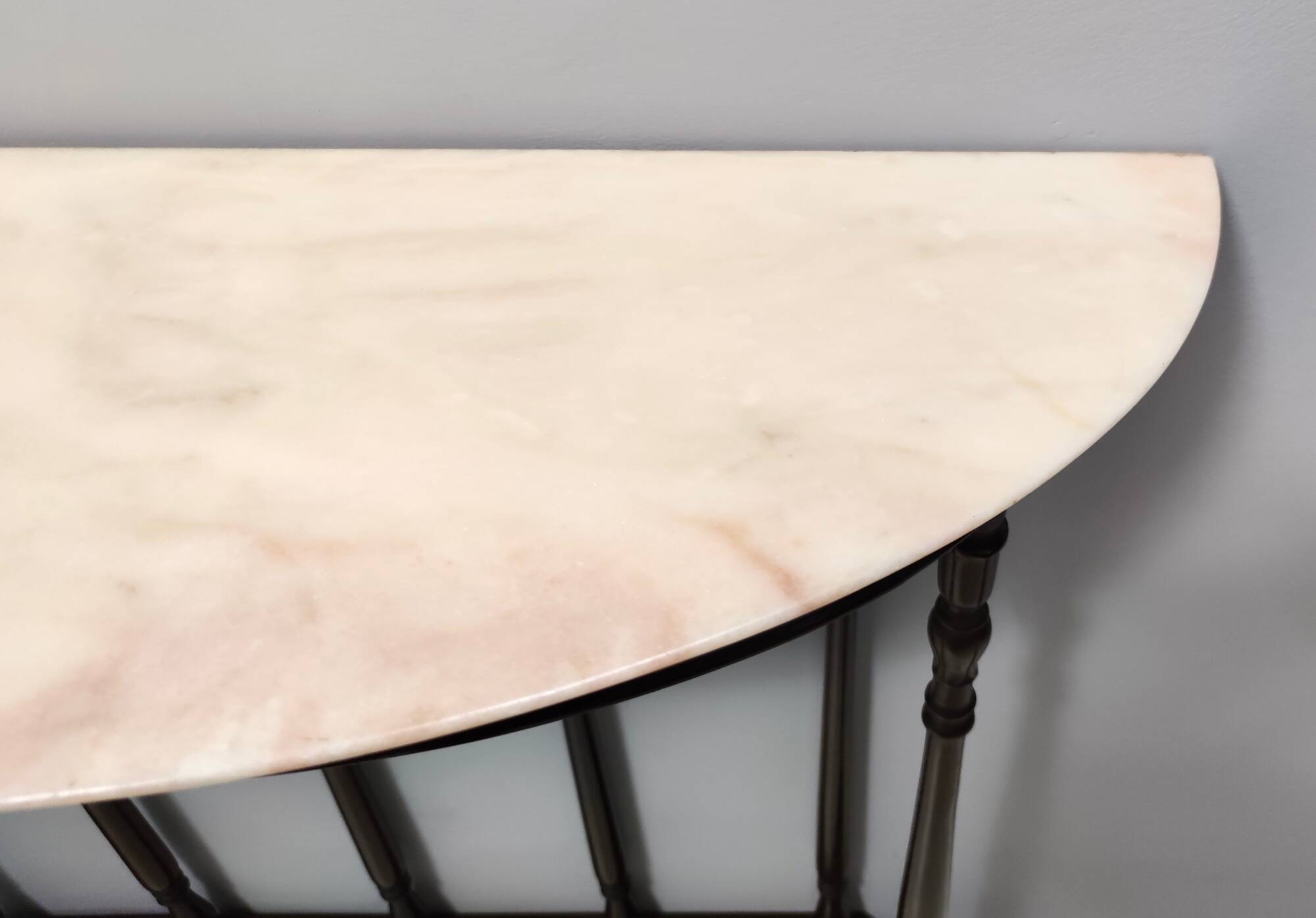 Neoclassical Style Turned Beech Console Table with a Demilune Marble Top, Italy