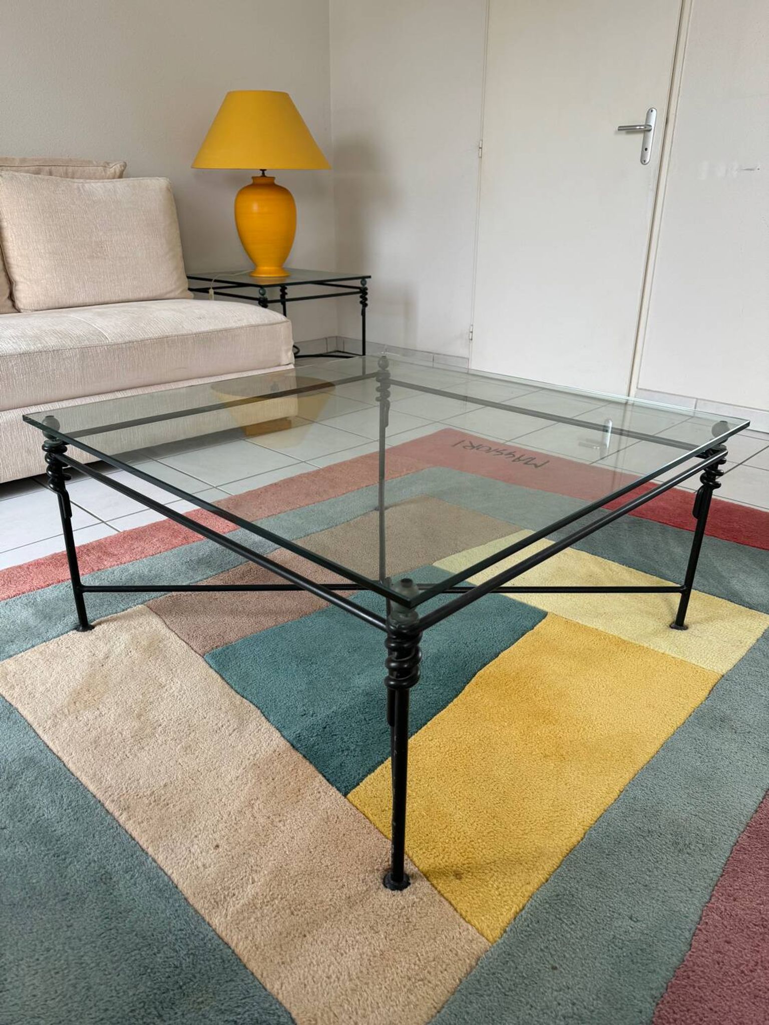 Large wrought iron and glass coffee table by Jacques Ducru