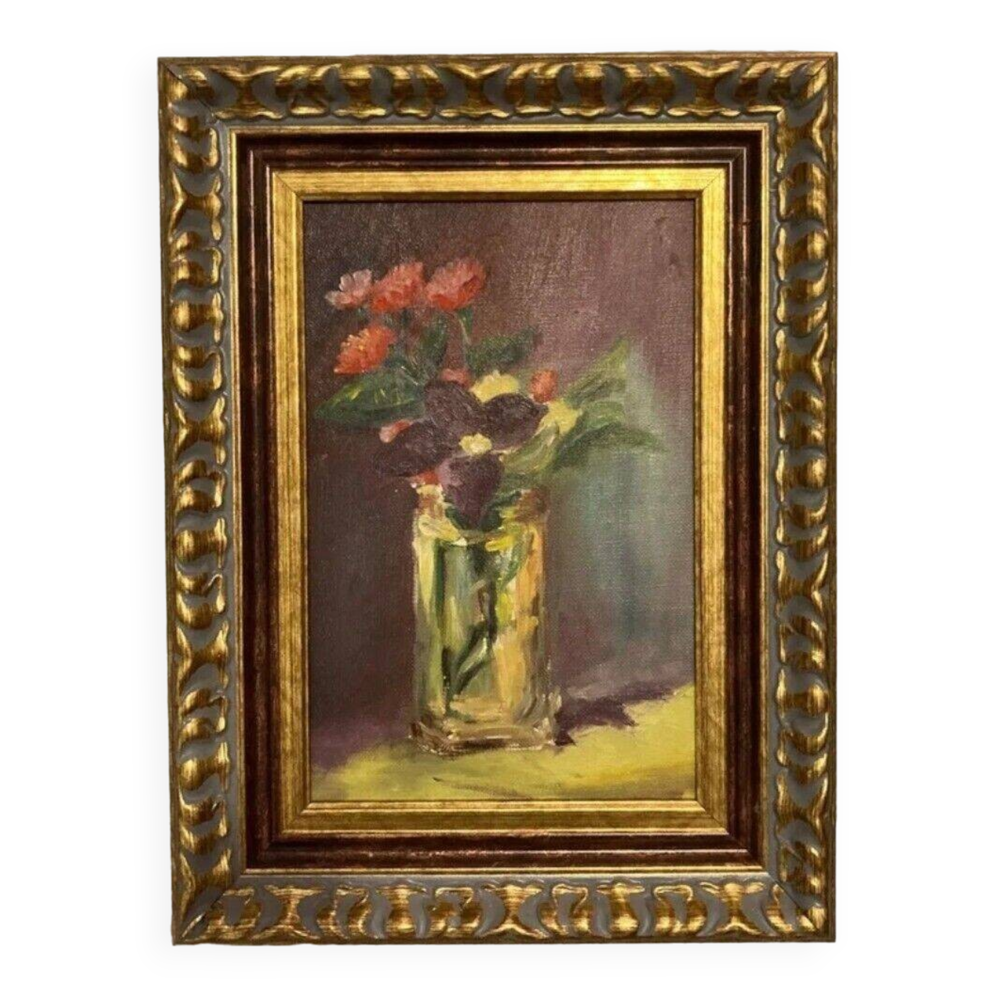 Ancient Oil Painting Still Life Flower Bouquet 20th Century