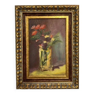 Peinture à l'huile ancienne nature morte bouquet de fleurs 20e siècle
