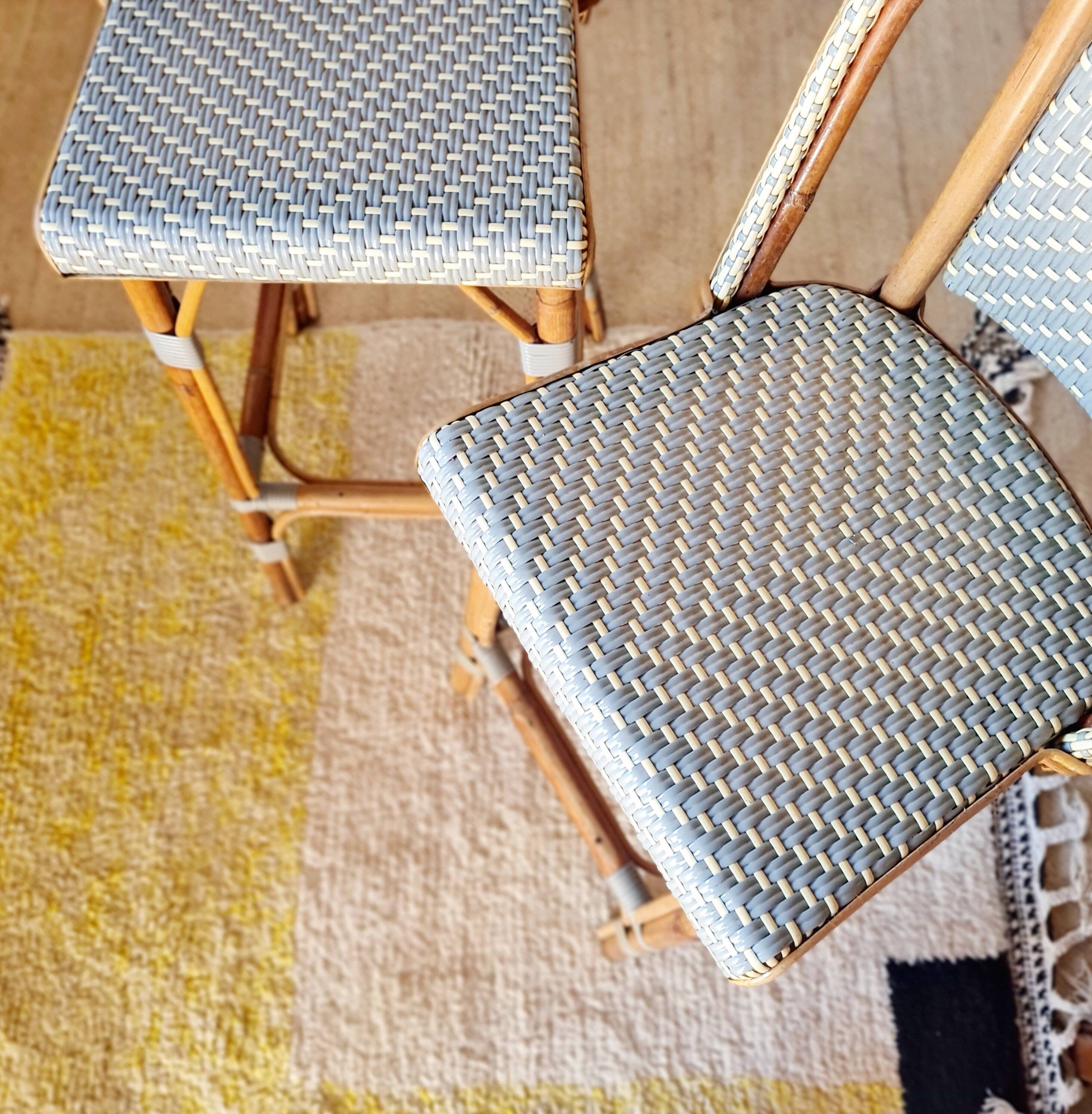Vintage Gaty bar stools in two-tone rattan and cane.
