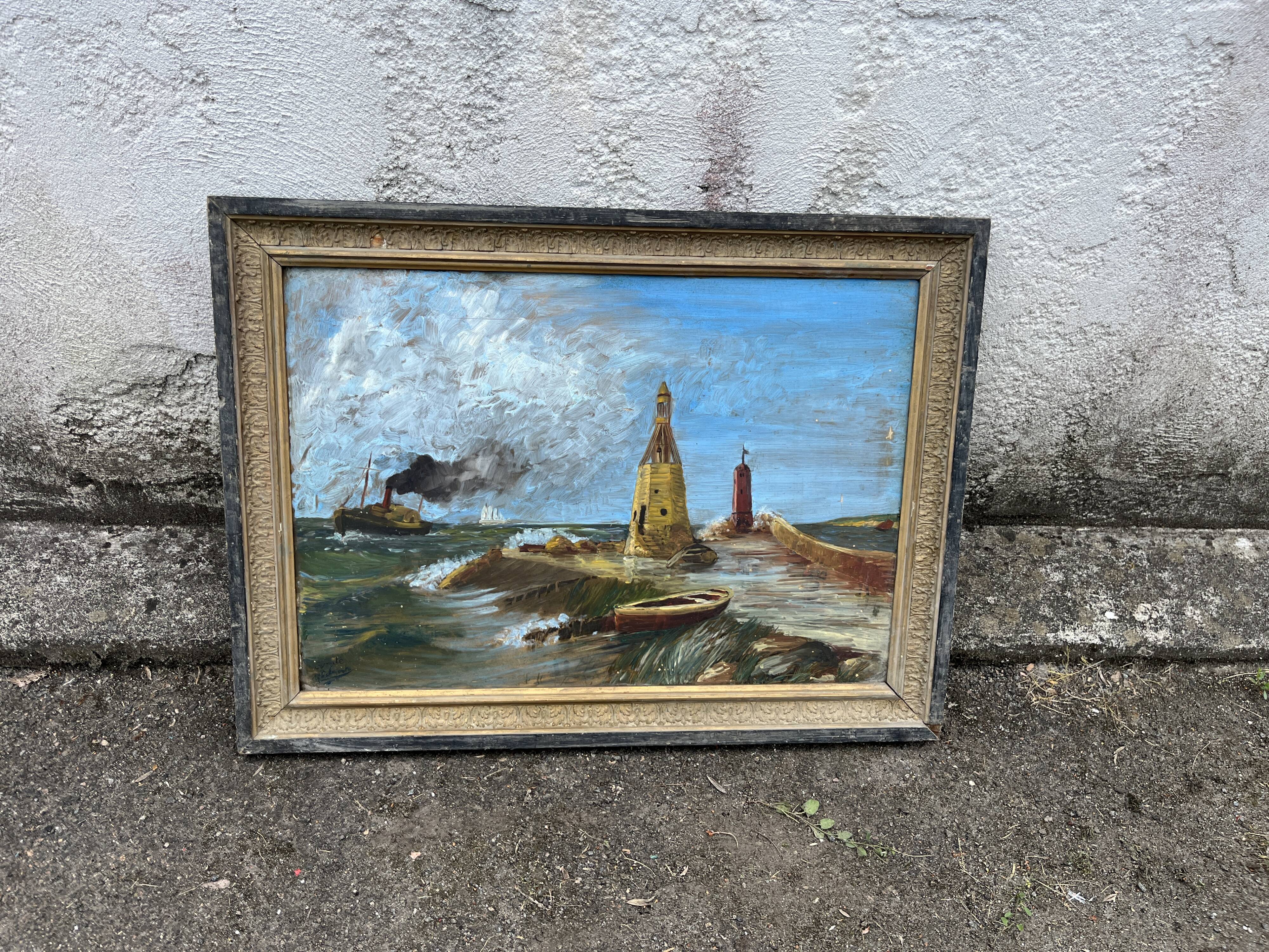 Old marine painting oil on canvas signed Y. Delaporte port entrance