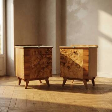 Pair of vintage Czechoslovak bedside cabinets with burl veneer, mid-century modern, 45 × 34 × 45 cm