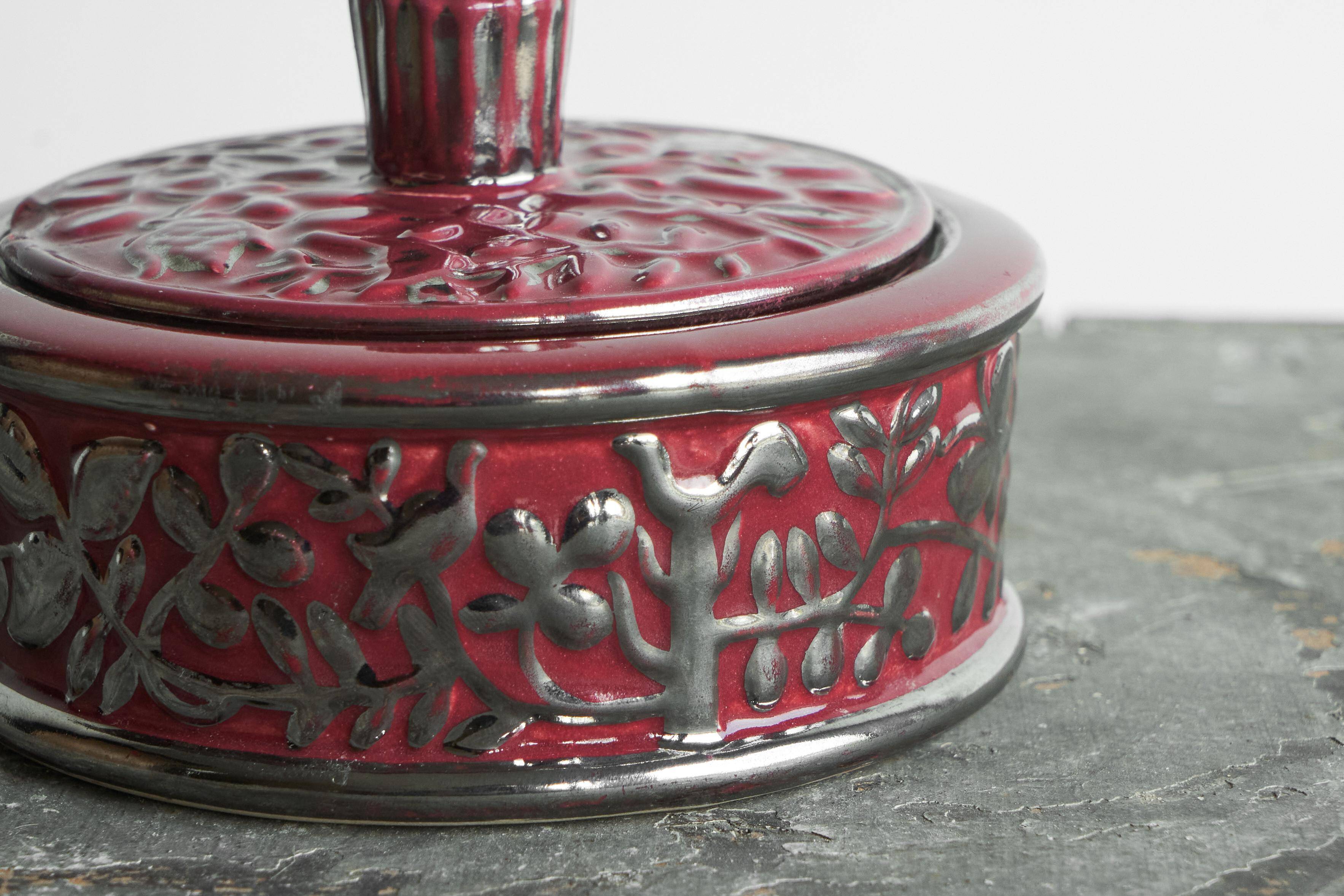 Boch Frères Keramis Rosa bowl with lid, flowers and butterflies in silver glaze.