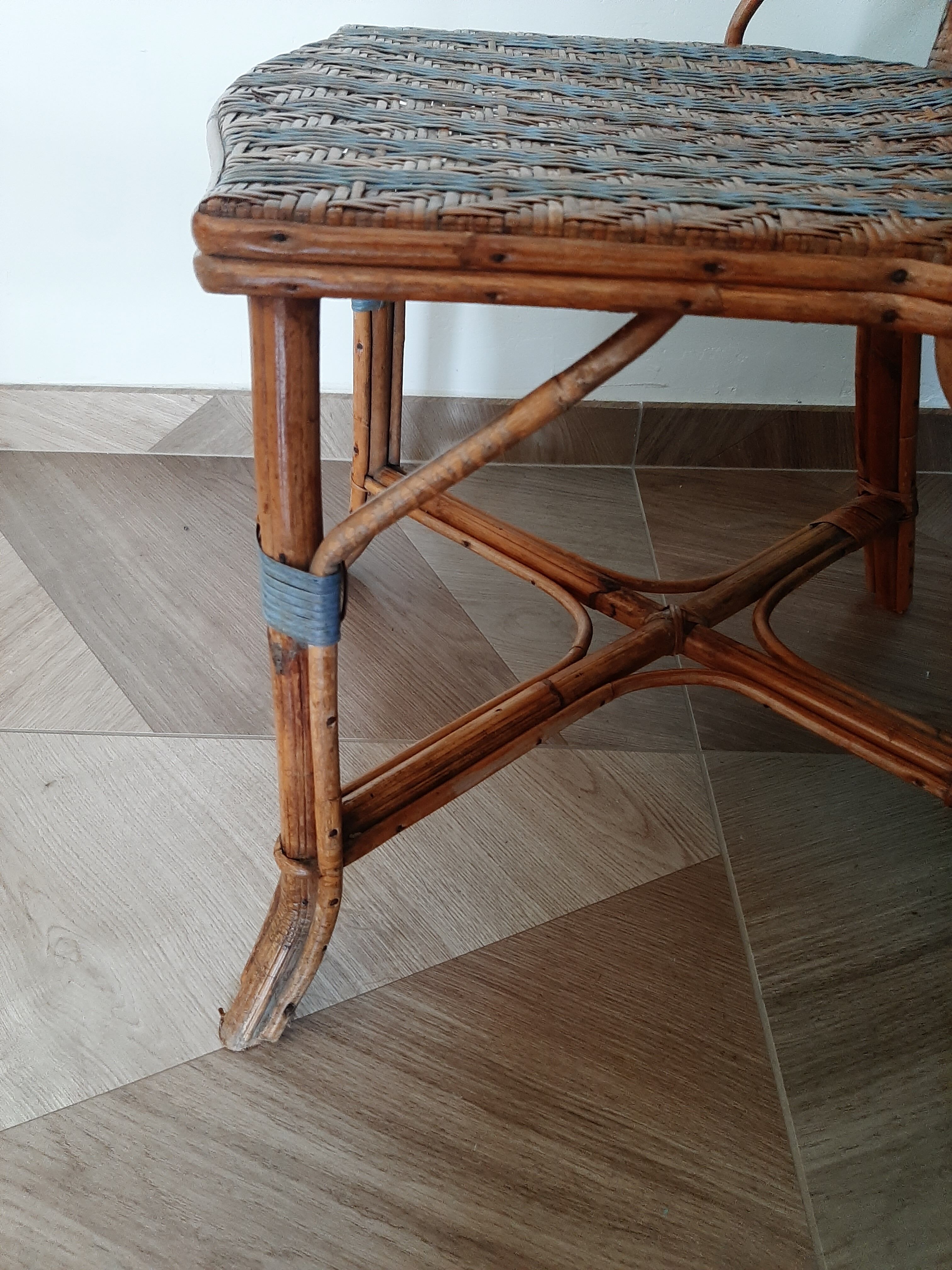 2 woven rattan garden chairs – sky blue net patterns – 1940s