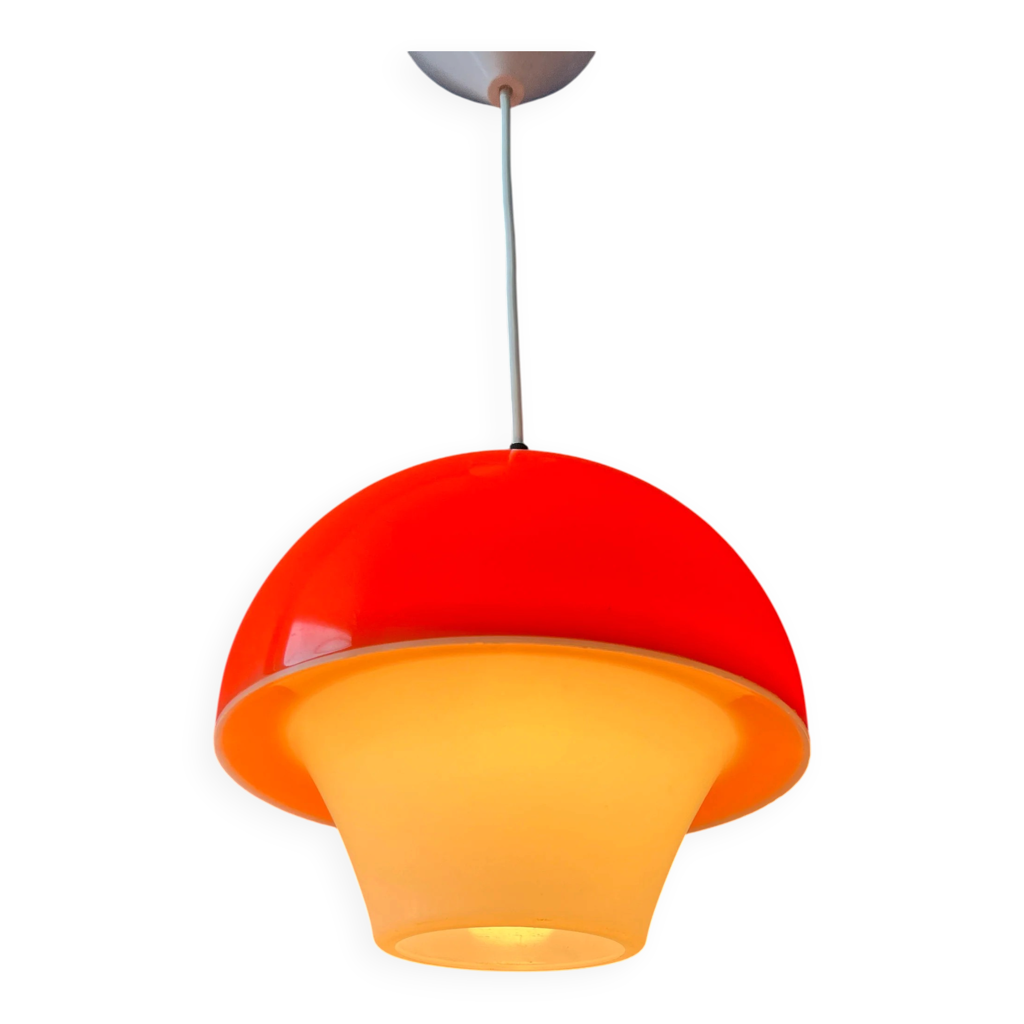 Suspension Space Age en verre acrylique orange et blanc